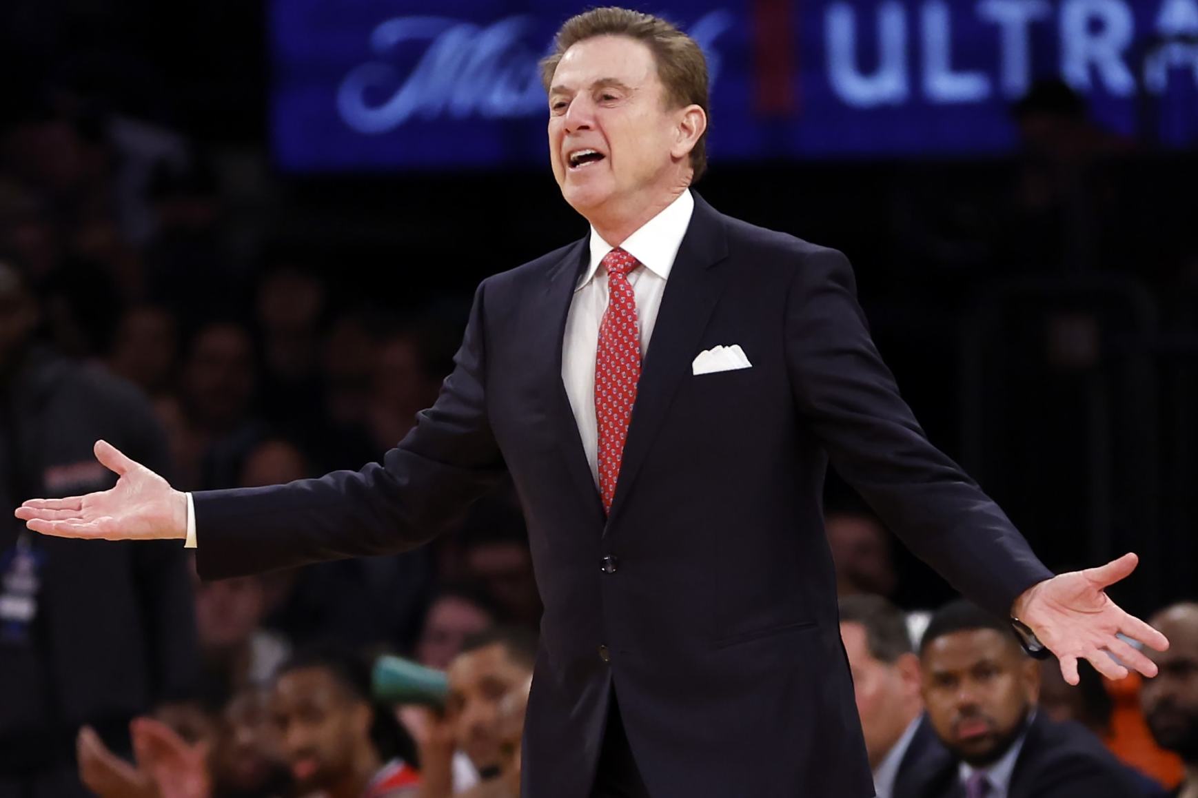 NEW YORK, NEW YORK - MARCH 14: head coach Rick Pitino of the St. John's Red Storm reacts in the first half against the Seton Hall Pirates during the Quarterfinals of the Big East Basketball Tournament at Madison Square Garden on March 14, 2024 in New York City. (Photo by Sarah Stier/Getty Images)