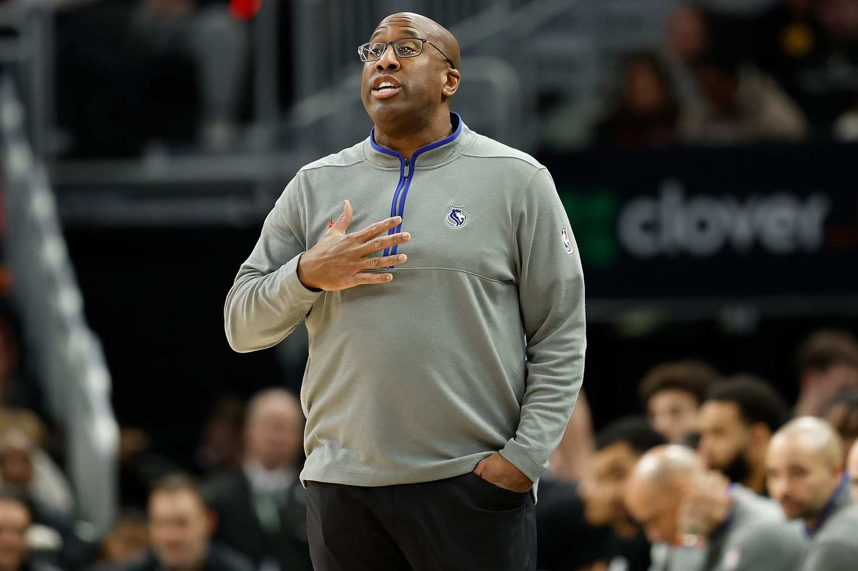 MILWAUKEE, WISCONSIN - JANUARY 14: Mike Brown head coach of the Sacramento Kings looks on during the first half of the game against the Milwaukee Bucks at Fiserv Forum on January 14, 2024 in Milwaukee, Wisconsin. NOTE TO USER: User expressly acknowledges and agrees that, by downloading and or using this photograph, User is consenting to the terms and conditions of the Getty Images License Agreement. (Photo by John Fisher/Getty Images)