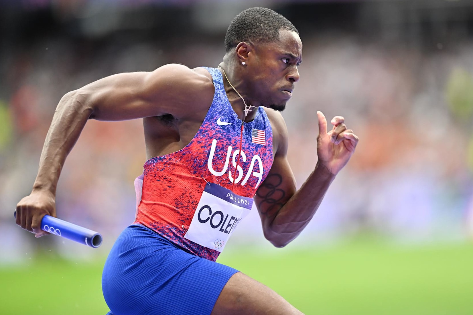 PARIS, FRANCE - AUGUST 09: Christian Coleman of Team United States competes in the Men's 4x100m Relay Final on day fourteen of the Olympic Games Paris 2024 at Stade de France on August 09, 2024 in Paris, France (Photo by Mustafa Yalcin/Anadolu via Getty Images)