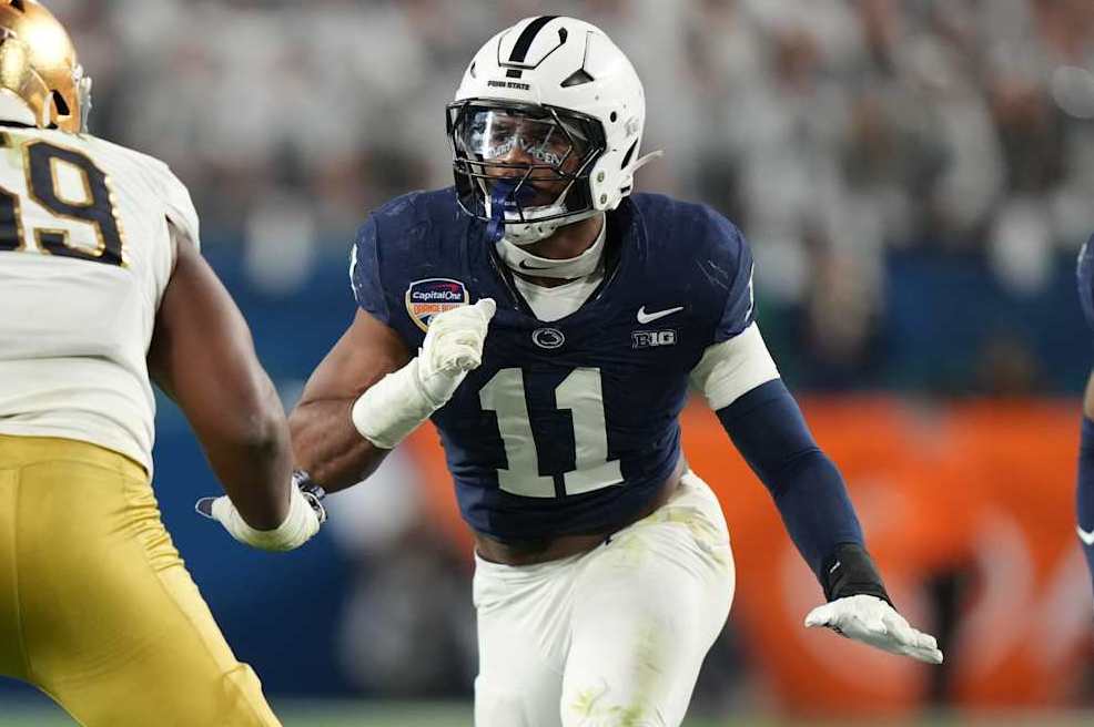MIAMI GARDENS, FL - JANUARY 09: Penn State Nittany Lions defensive end Abdul Carter (11) rushes the passer during the Penn State Nittany Lions versus Notre Dame Fighting Irish College Football Playoff Semifinal at the Capital One Orange Bowl on January 9, 2025, at Hard Rock Stadium in Miami Gardens, FL. (Photo by Peter Joneleit/Icon Sportswire via Getty Images)