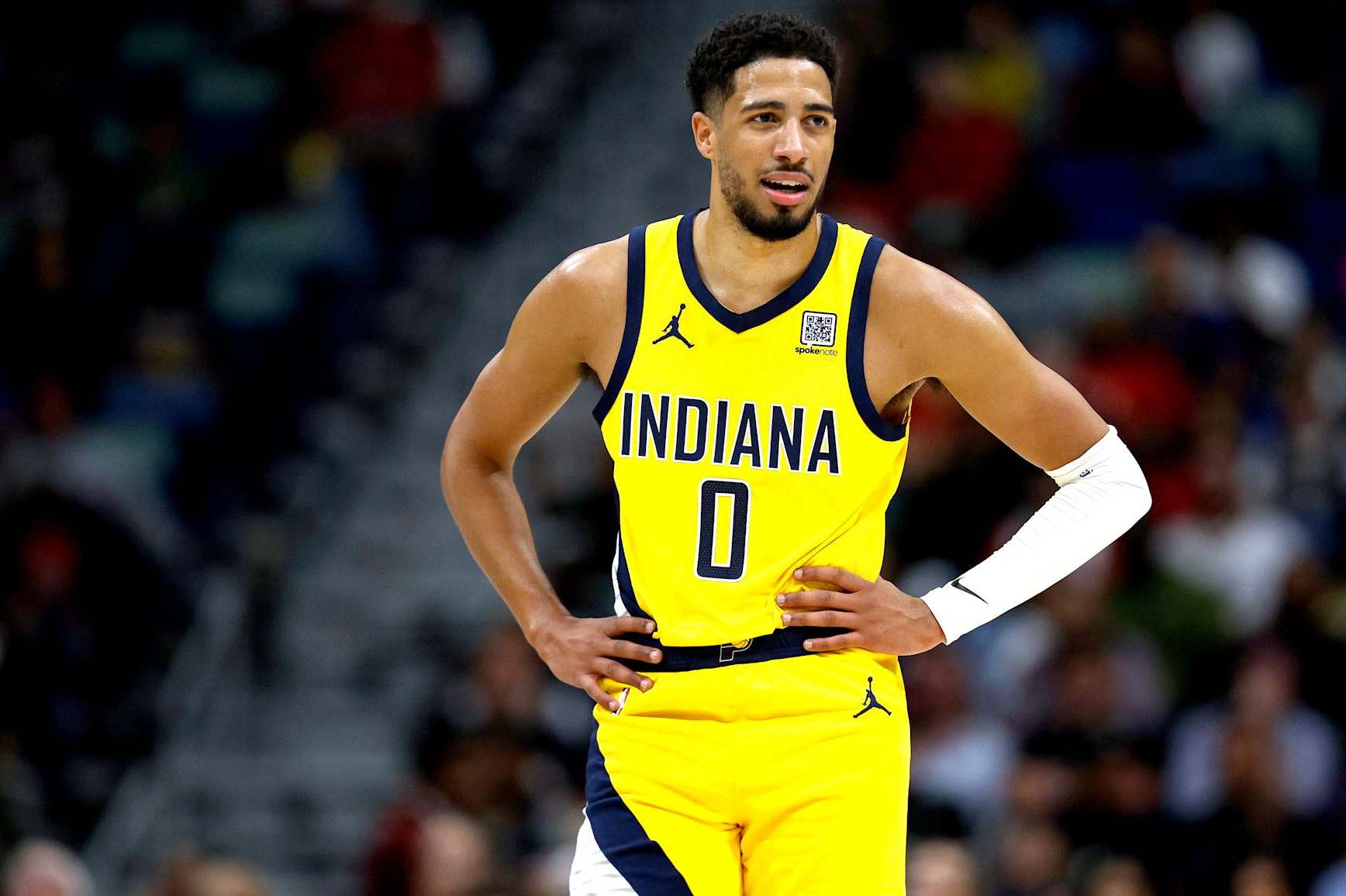 NEW ORLEANS, LOUISIANA - NOVEMBER 01: Tyrese Haliburton #0 of the Indiana Pacers stands on the court during an NBA game against the New Orleans Pelicans at Smoothie King Center on November 01, 2024 in New Orleans, Louisiana. NOTE TO USER: User expressly acknowledges and agrees that, by downloading and or using this photograph, User is consenting to the terms and conditions of the Getty Images License Agreement. (Photo by Sean Gardner/Getty Images)