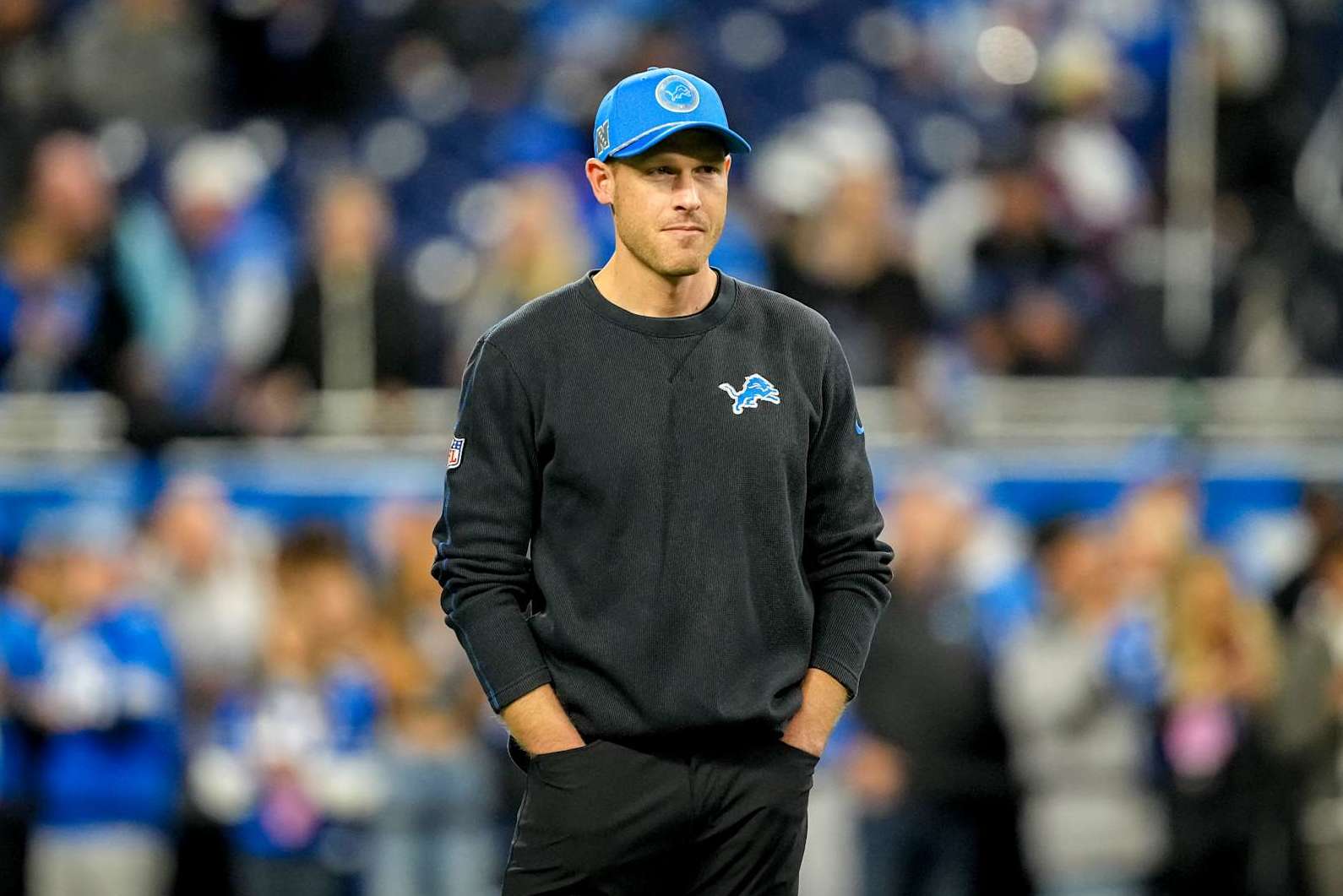 DETROIT, MICHIGAN - DECEMBER 05: Offensive coordinator Ben Johnson of the Detroit Lions looks on before the game against the Green Bay Packers at Ford Field on December 05, 2024 in Detroit, Michigan. (Photo by Nic Antaya/Getty Images)