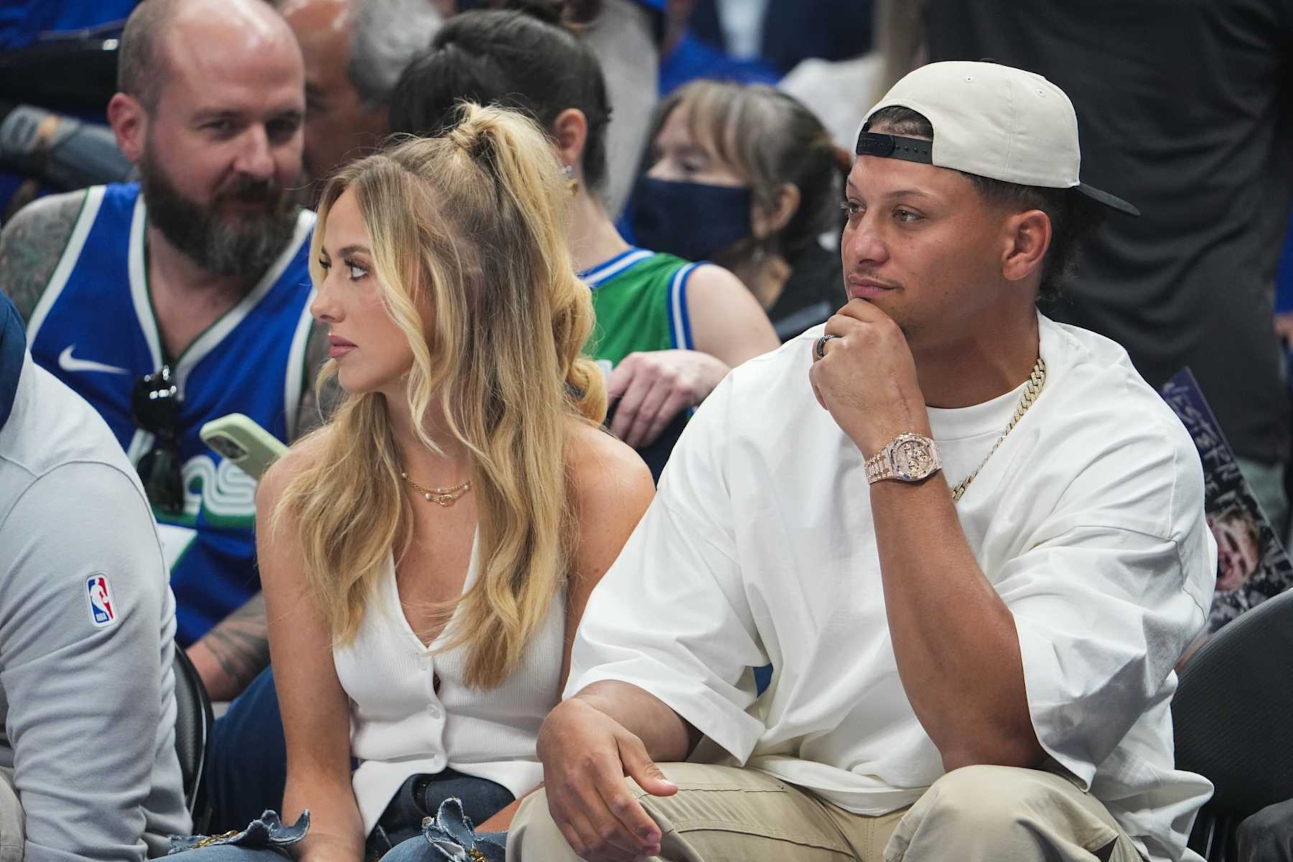 DALLAS, TX - MAY 26: Brittany and Patrick Mahomes attends the game between the  Minnesota Timberwolves and Dallas Mavericks during Game 3 of the Western Conference Finals of the 2024 NBA Playoffs on May 26, 2024 at the American Airlines Center in Dallas, Texas. NOTE TO USER: User expressly acknowledges and agrees that, by downloading and or using this photograph, User is consenting to the terms and conditions of the Getty Images License Agreement. Mandatory Copyright Notice: Copyright 2024 NBAE (Photo by Glenn James/NBAE via Getty Images)