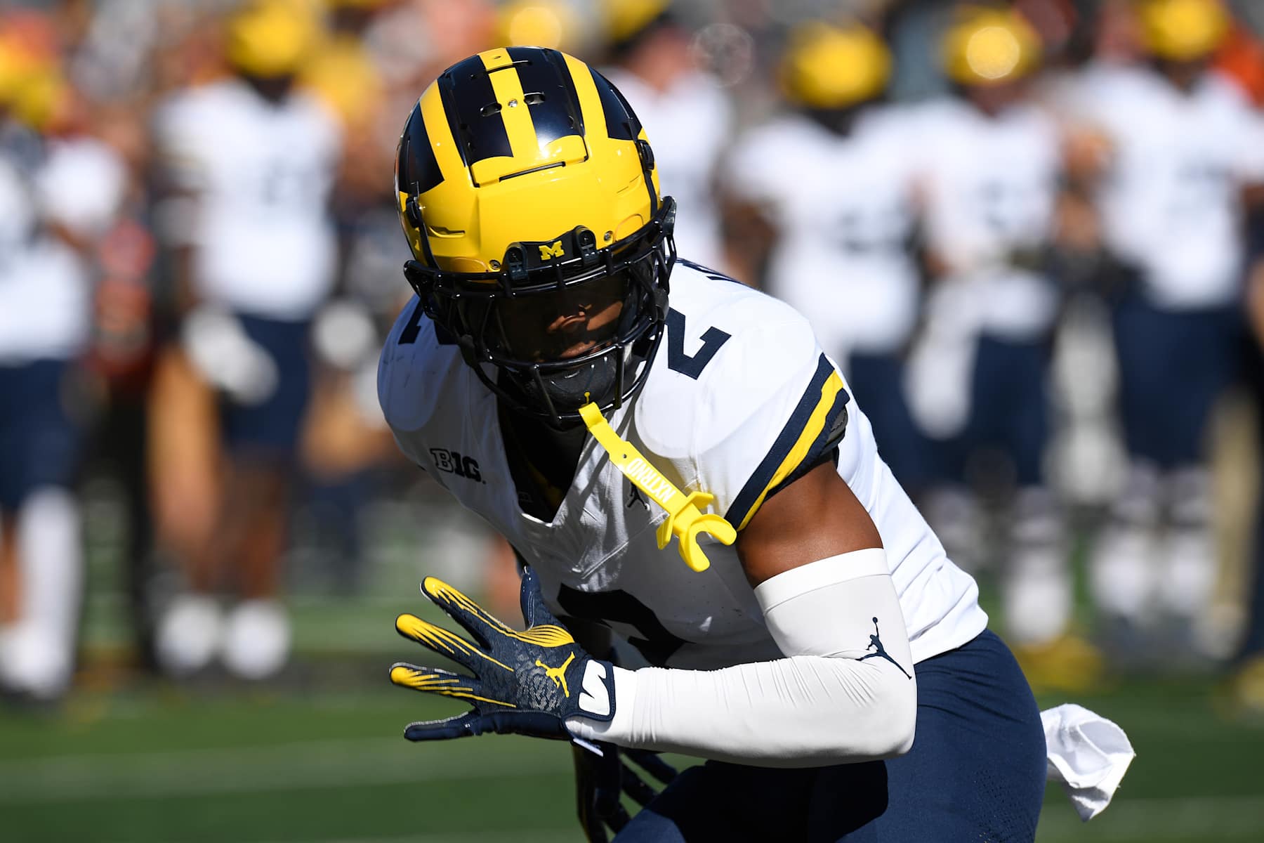 CHAMPAIGN, IL - OCTOBER 19: Michigan Wolverines Defensive Back Will Johnson (2) warms up for the college football game between the Michigan Wolverines and the Illinois Fighting Illini on October 19, 2024, at Memorial Stadium, in Champaign, Illinois. (Photo by Michael Allio/Icon Sportswire via Getty Images)