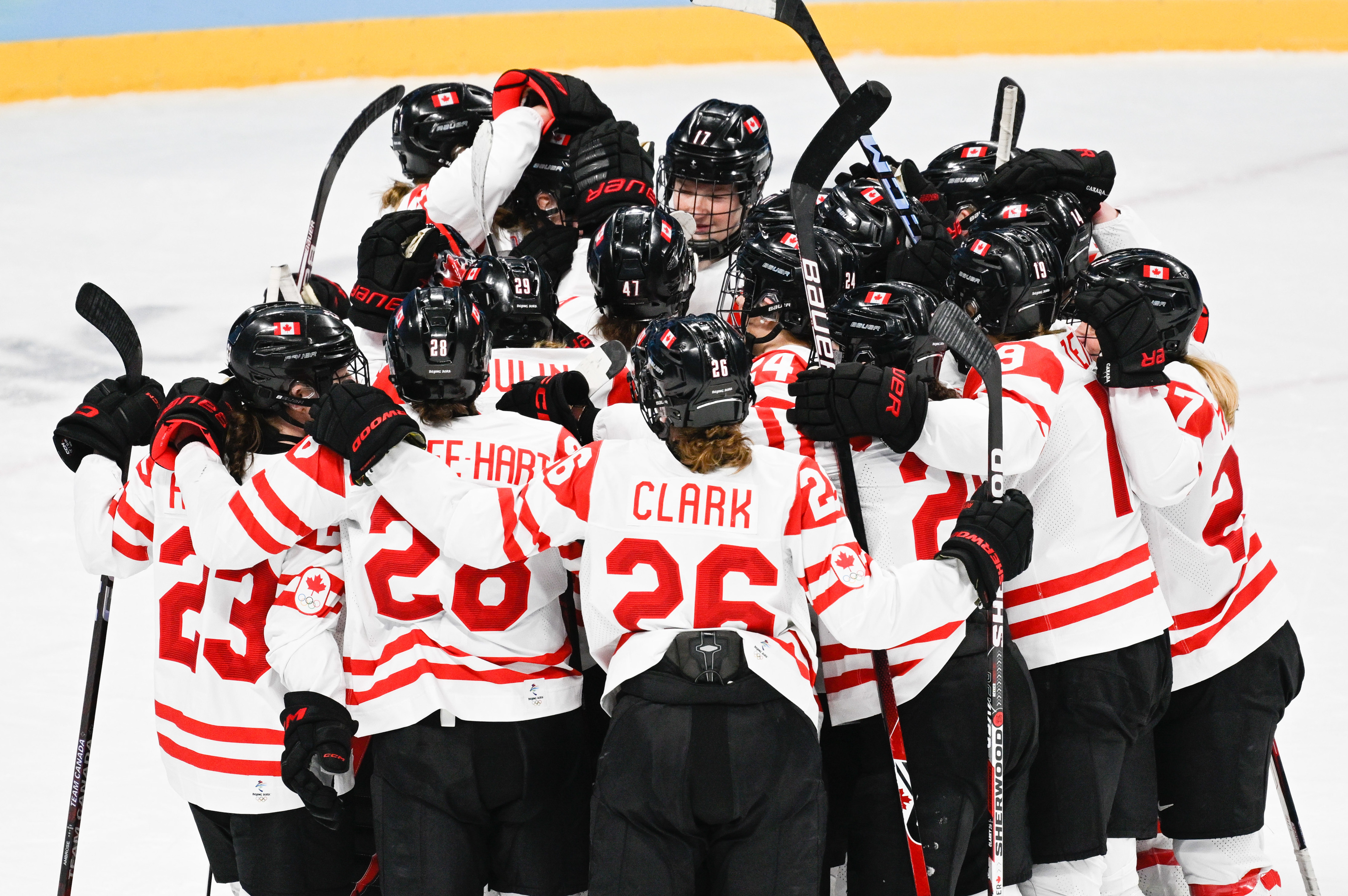 BEIJING, CHINA - FEBRUARY 08: The team of Canada celebrate after winning in the match between USA and Canada during the Beijing 2022 Winter Olympics at National Indoor Stadium on February 8, 2022 in Beijing, China. (Photo by Mario Hommes/DeFodi Images via Getty Images)