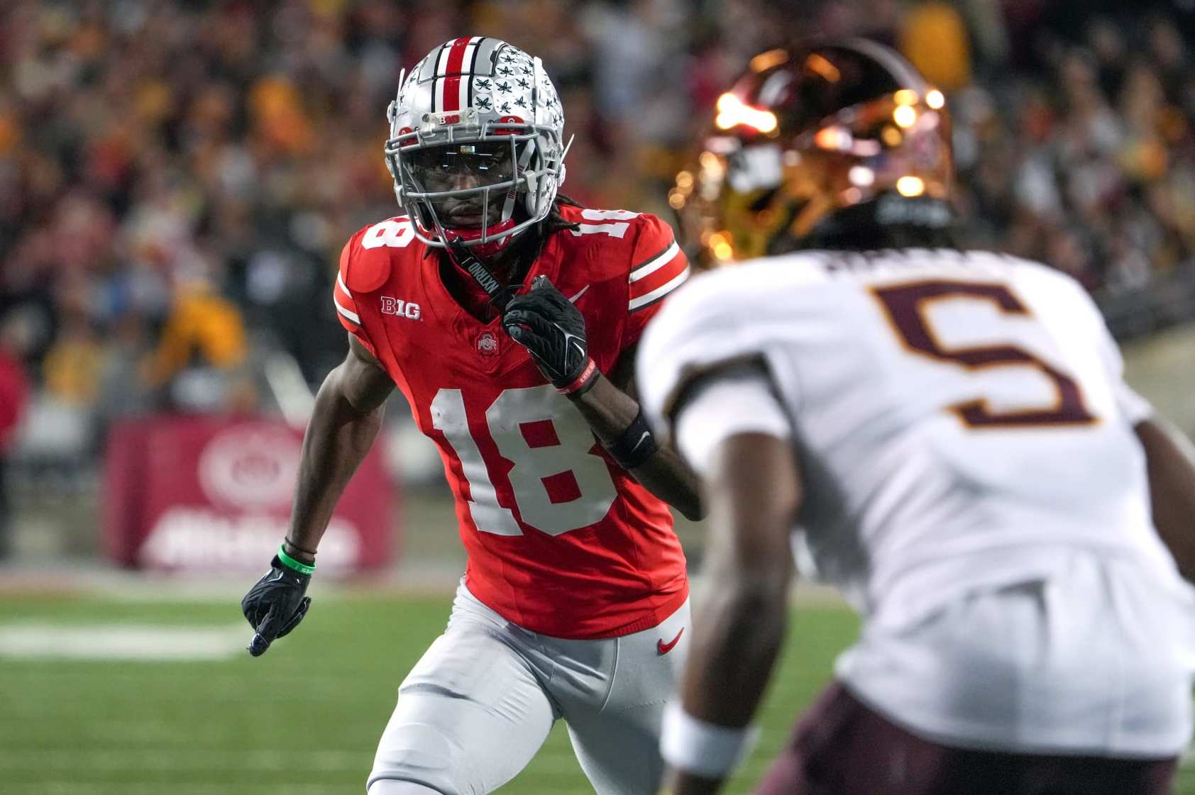 COLUMBUS, OHIO - NOVEMBER 18: Wide receiver Marvin Harrison Jr. #18 of the Ohio State Buckeyes during the game against the Minnesota Golden Gophers at Ohio Stadium on November 18, 2023 in Columbus, Ohio. (Photo by Jason Mowry/Getty Images)
