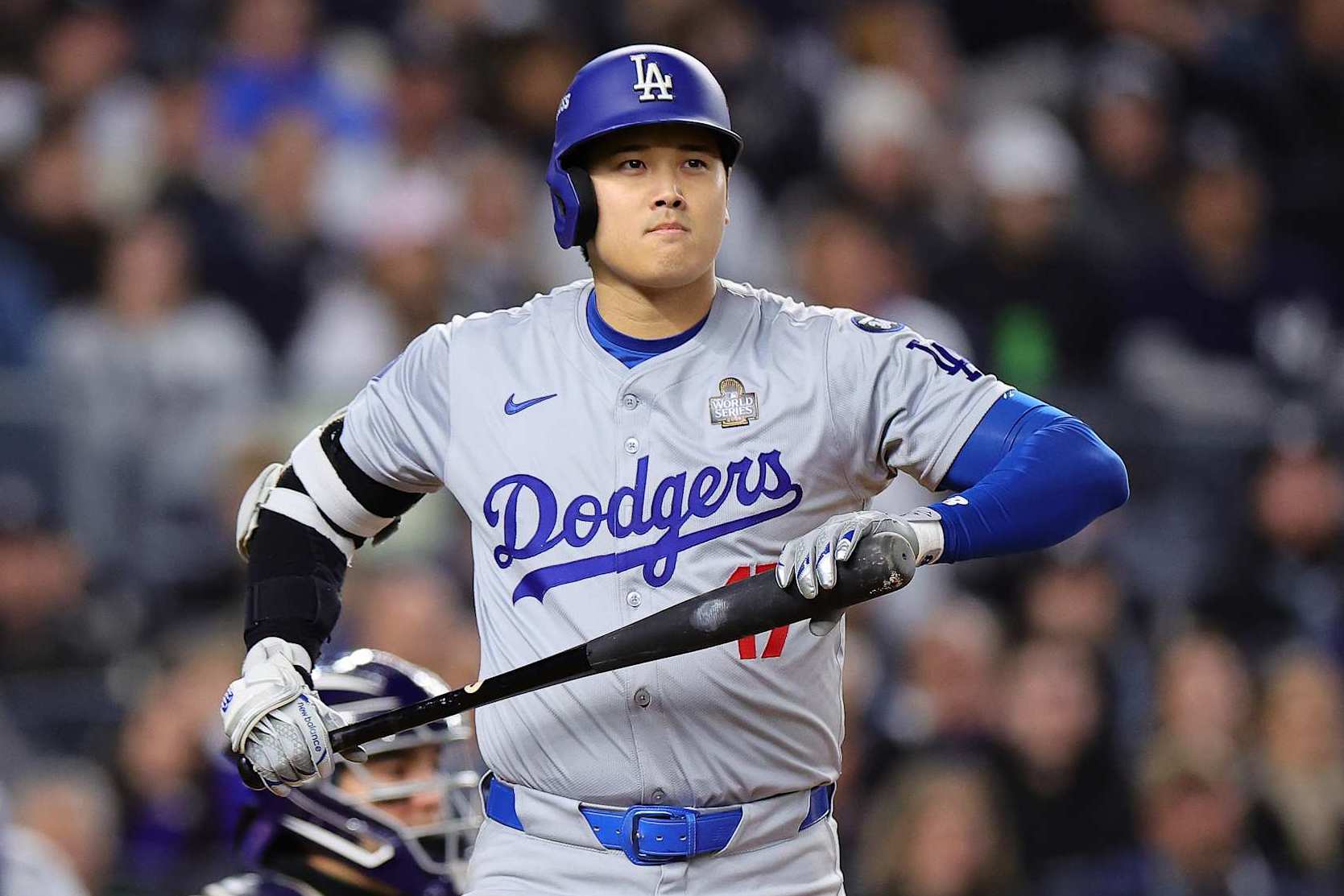 NEW YORK, NEW YORK - OCTOBER 28: Shohei Ohtani #17 of the Los Angeles Dodgers reacts after being walked in the first inning against the New York Yankees during Game Three of the 2024 World Series at Yankee Stadium on October 28, 2024 in the Bronx borough of New York City. (Photo by Alex Slitz/Getty Images)