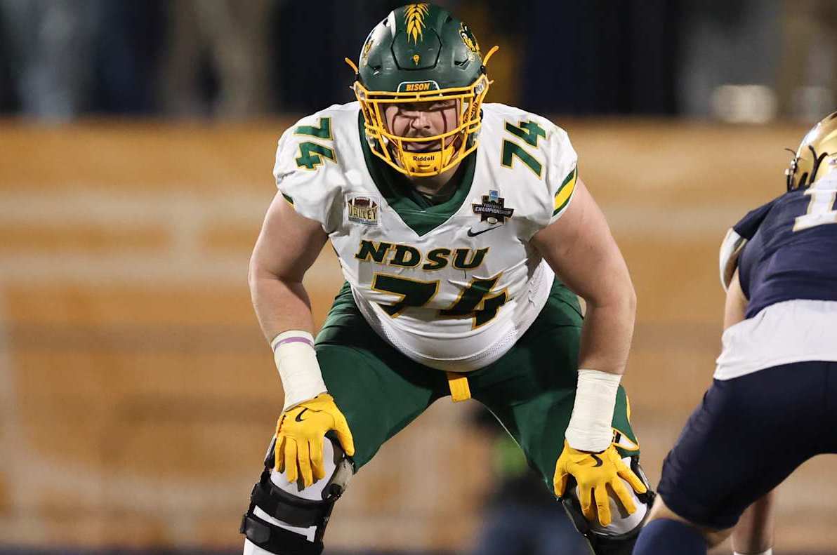FRISCO, TEXAS - JANUARY 6: Grey Zabel #74 of the North Dakota State Bison lines up against Kenneth Eiden IV #11 of the Montana State Bobcats during the second half of the Division I FCS Football Championship held at Toyota Stadium on January 6, 2025 in Frisco, Texas. (Photo by Justin Tafoya/NCAA Photos via Getty Images)