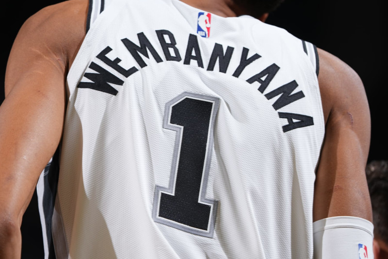 SAN FRANCISCO, CA - NOVEMBER 24: Close up of Victor Wembanyama #1 of the San Antonio Spurs jersey during the game against the Golden State Warriors on November 24, 2023 at Chase Center in San Francisco, California. NOTE TO USER: User expressly acknowledges and agrees that, by downloading and or using this photograph, user is consenting to the terms and conditions of Getty Images License Agreement. Mandatory Copyright Notice: Copyright 2023 NBAE (Photo by Garrett Ellwood/NBAE via Getty Images)