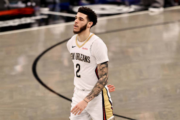 NEW YORK, NEW YORK - APRIL 07:  Lonzo Ball #2 of the New Orleans Pelicans reacts to his three point shot in the second half against the Brooklyn Nets at Barclays Center on April 07, 2021 in New York City.NOTE TO USER: User expressly acknowledges and agrees that, by downloading and or using this photograph, User is consenting to the terms and conditions of the Getty Images License Agreement. (Photo by Elsa/Getty Images)