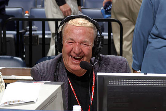MEMPHIS, TN - JANUARY 11:  Bob "Slick" Leonard, announcer for the Indiana Pacers, has a laugh as he broadcasts during a game against the Memphis Grizzlies on January 11, 2005 at FedexForum in Memphis, Tennessee.  NOTE TO USER: User expressly acknowledges and agrees that, by downloading and or using this photograph, User is consenting to the terms and conditions of the Getty Images License Agreement. Mandatory Copyright Notice: Copyright 2005 NBAE  (Photo by Joe Murphy/NBAE via Getty Images)