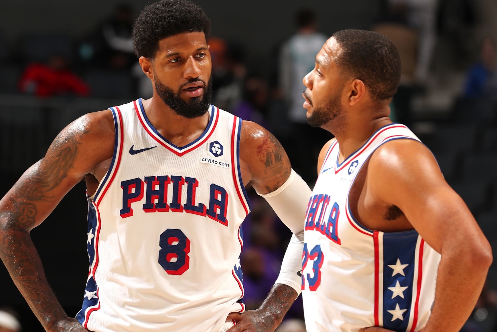 CHARLOTTE, NC - DECEMBER 16: Paul George #8 and Eric Gordon #23 of the Philadelphia 76ers look on during the game against the Charlotte Hornets on December 16, 2024 at Spectrum Center in Charlotte, North Carolina. NOTE TO USER: User expressly acknowledges and agrees that, by downloading and or using this photograph, User is consenting to the terms and conditions of the Getty Images License Agreement. Mandatory Copyright Notice: Copyright 2024 NBAE (Photo by Kent Smith/NBAE via Getty Images)