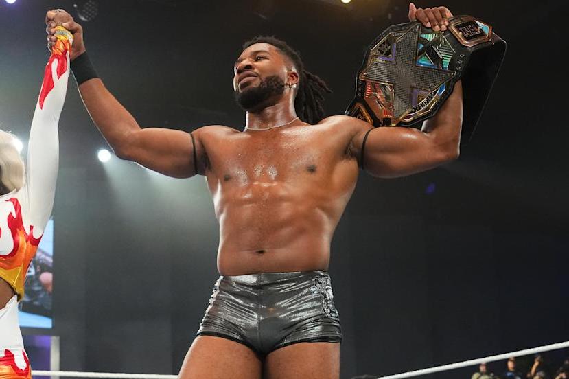 LAS VEGAS, NEVADA - JUNE 9: Sexyy Red celebrates with Trick Williams during NXT Battleground at UFC APEX on June 9, 2024 in Las Vegas, Nevada. (Photo by WWE/Getty Images)