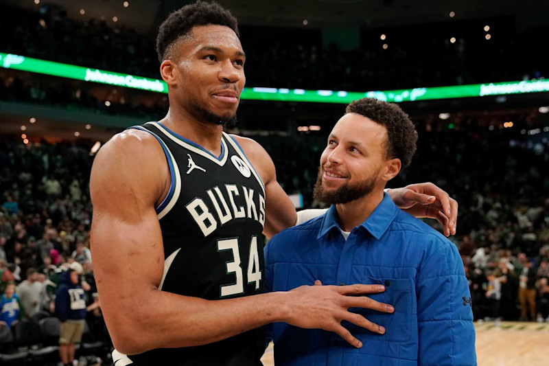 MILWAUKEE, WISCONSIN - JANUARY 13: Giannis Antetokounmpo #34 of the Milwaukee Bucks and Stephen Curry #30 of the Golden State Warriors talk after a game at Fiserv Forum on January 13, 2024 in Milwaukee, Wisconsin. NOTE TO USER: User expressly acknowledges and agrees that, by downloading and or using this photograph, User is consenting to the terms and conditions of the Getty Images License Agreement. (Photo by Patrick McDermott/Getty Images)