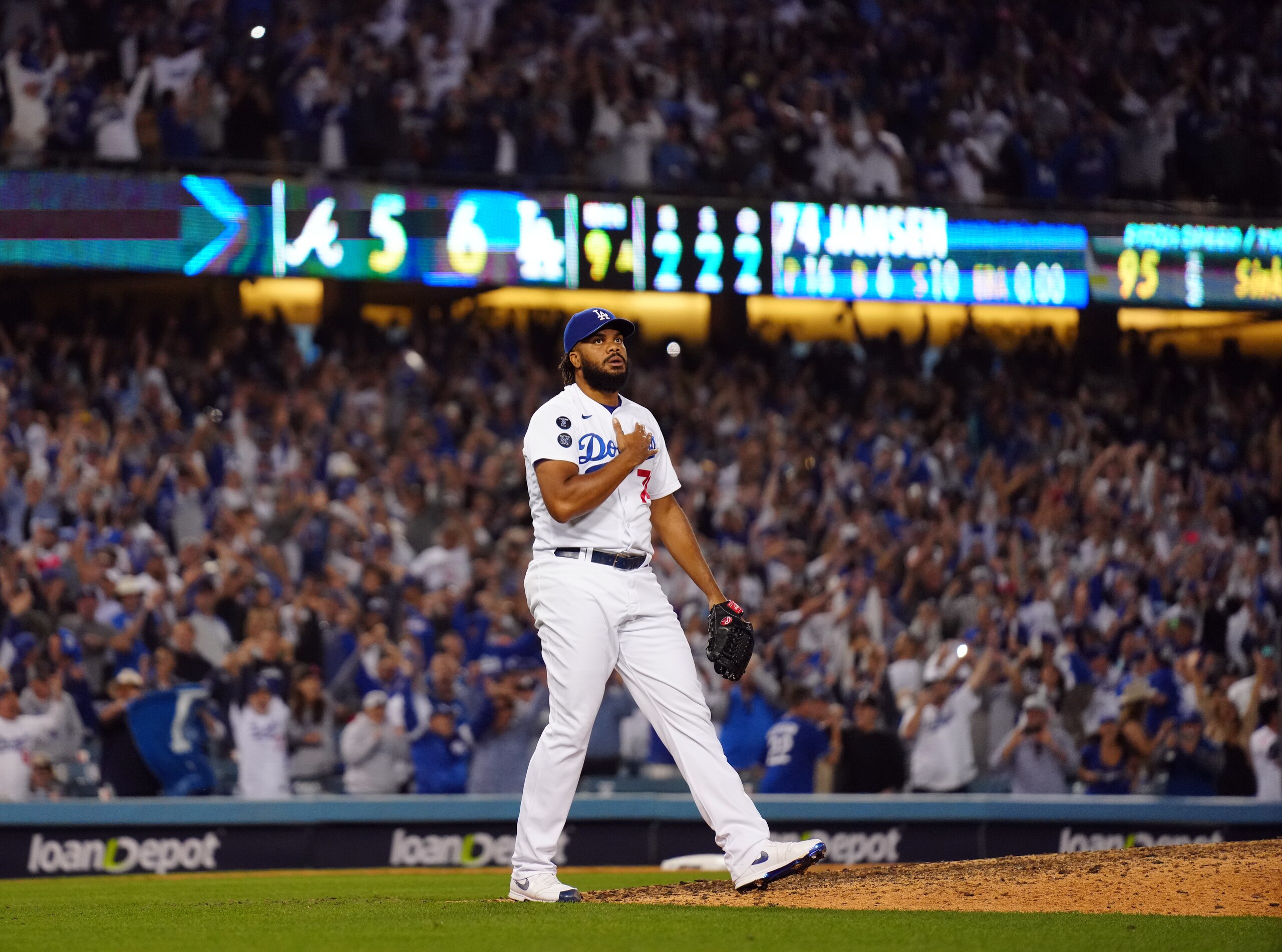 LOS ANGELES, CA - OCTOBER 19: Kenley Jansen #74 of the Los Angeles Dodgers celebrates after the final out of Game 3 of the NLCS between the Atlanta Braves and the Los Angeles Dodgers at Dodgers Stadium on Tuesday, October 19, 2021 in Los Angeles, California. (Photo by Daniel Shirey/MLB Photos via Getty Images)