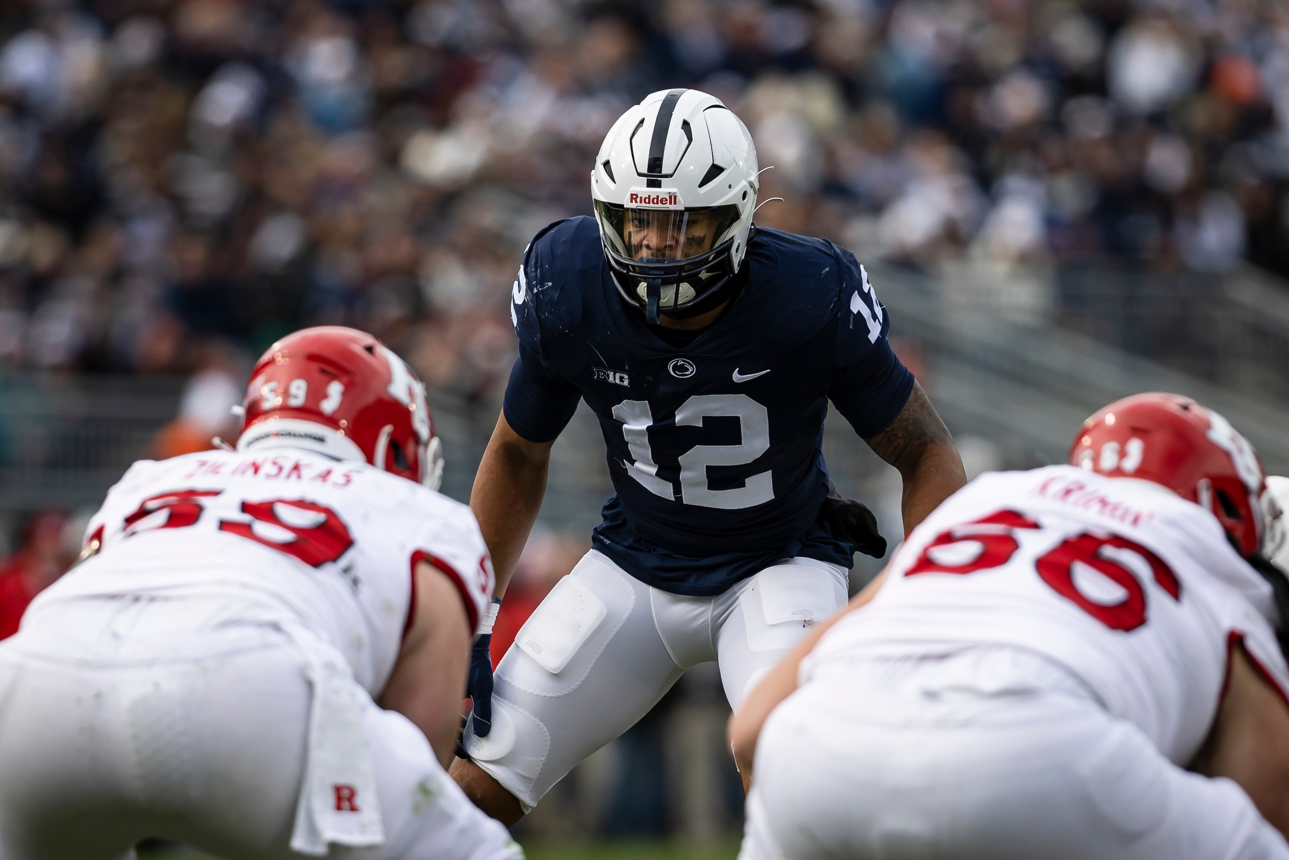 STATE COLLEGE, PA - NOVEMBER 20: Brandon Smith #12 of the Penn State Nittany Lions lines up against the Rutgers Scarlet Knights during the first half at Beaver Stadium on November 20, 2021 in State College, Pennsylvania. (Photo by Scott Taetsch/Getty Images)