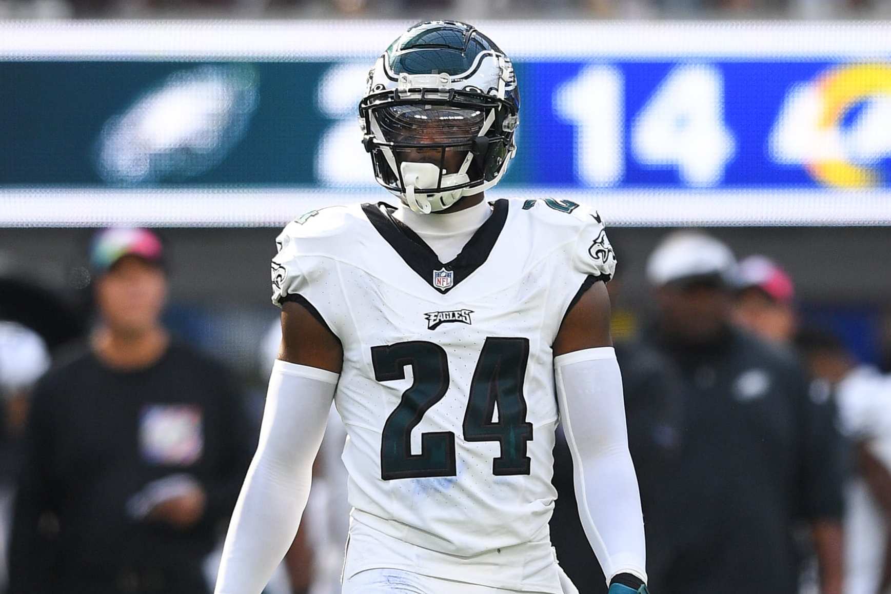 INGLEWOOD, CA - OCTOBER 08: Philadelphia Eagles cornerback James Bradberry (24) looks on during the NFL game between the Philadelphia Eagles and the Los Angeles Rams on October 8, 2023, at SoFi Stadium in Inglewood, CA. (Photo by Brian Rothmuller/Icon Sportswire via Getty Images)