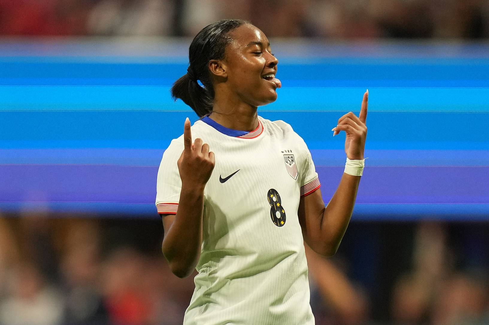 ATLANTA, GEORGIA - APRIL 06: Jaedyn Shaw #8 of the United States celebrates scoring during the first half against Japan in the 2024 SheBelieves Cup at Mercedes-Benz Stadium on April 06, 2024 in Atlanta, Georgia. (Photo by Brad Smith/ISI Photos/USSF/Getty Images for USSF)