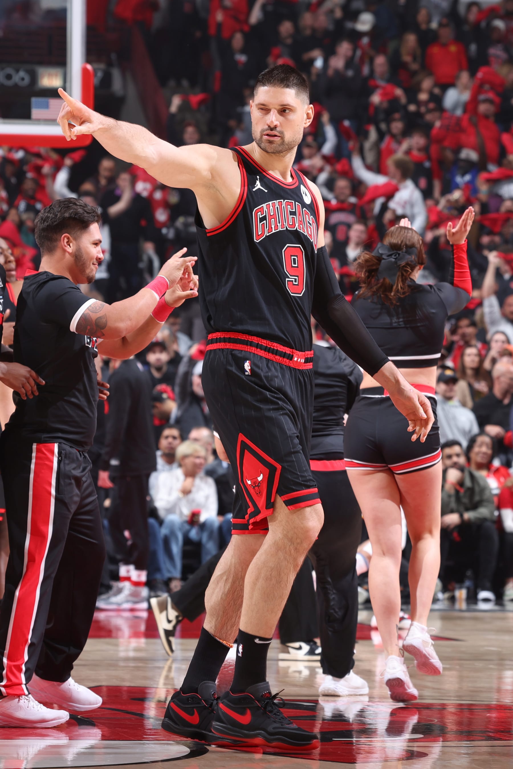 CHICAGO, IL - APRIL 17:  Nikola Vucevic #9 of the Chicago Bulls looks on during the game against the Atlanta Hawks during the 2024 Play-In Tournament  on April 17, 2024 at United Center in Chicago, Illinois. NOTE TO USER: User expressly acknowledges and agrees that, by downloading and or using this photograph, User is consenting to the terms and conditions of the Getty Images License Agreement. Mandatory Copyright Notice: Copyright 2024 NBAE (Photo by Jeff Haynes/NBAE via Getty Images)