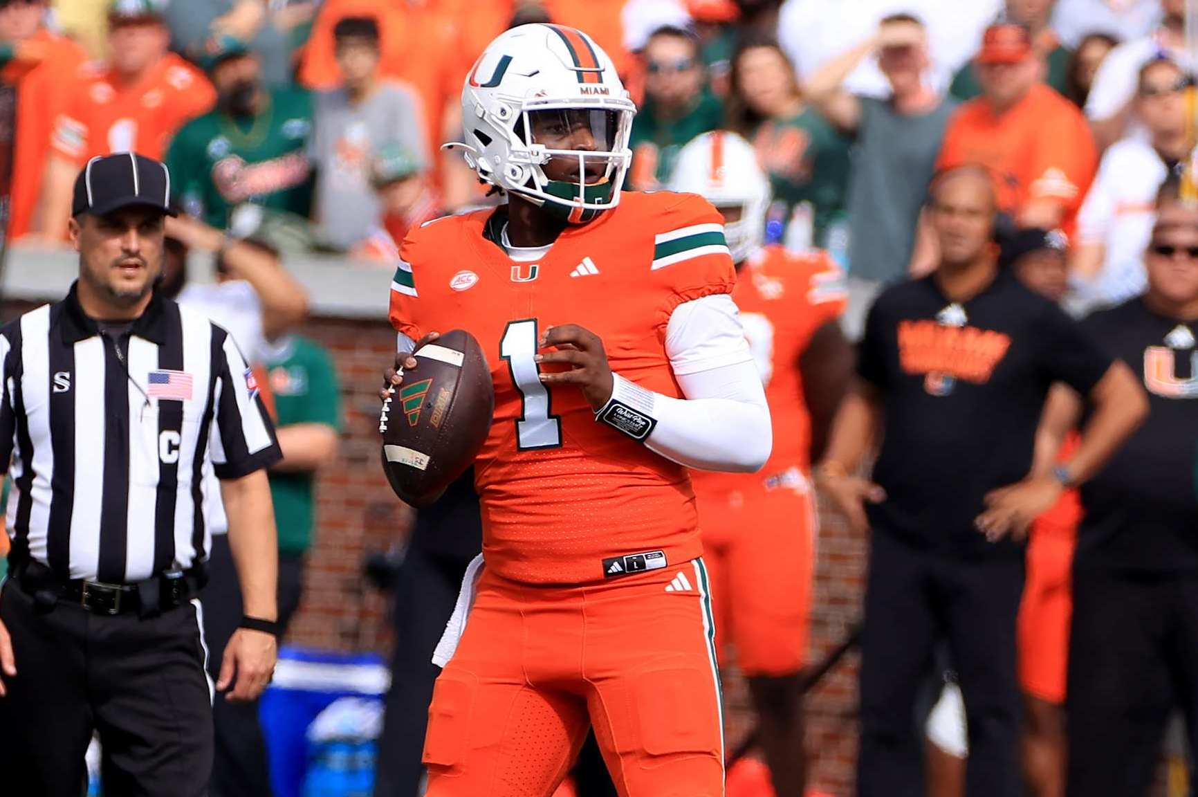 ATLANTA, GA - NOVEMBER 09: Miami Hurricanes starting quarterback Cam Ward #1 during the Saturday afternoon college football game between the Miami Hurricanes and the Georgia Tech Yellow Jackets on November 9, 2024 at Bobby Dodd Stadium in Atlanta, GA.  (Photo by David J. Griffin/Icon Sportswire via Getty Images)