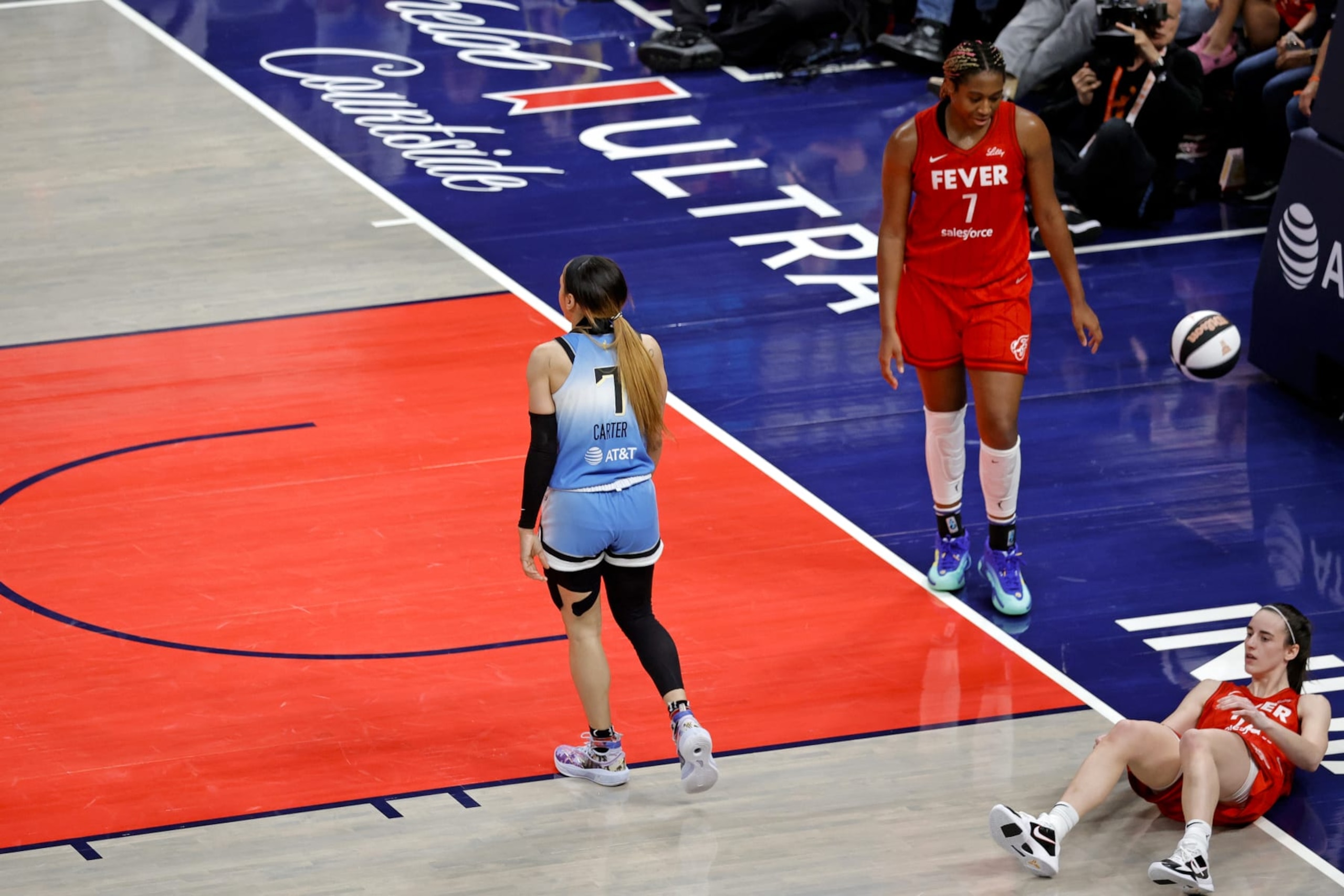 INDIANAPOLIS, IN - JUNE 01: Chicago Sky guard Chennedy Carter (7) is whistled for a flagrant foul for knocking Indiana Fever guard Caitlin Clark (22) to the ground on June 1, 2024, at Gainbridge Fieldhouse in Indianapolis, Indiana. (Photo by Brian Spurlock/Icon Sportswire via Getty Images) INDIANAPOLIS, IN - JUNE 01: Chicago Sky guard Chennedy Carter (7) is whistled for a flagrant foul for knocking Indiana Fever guard Caitlin Clark (22) to the ground on June 1, 2024, at Gainbridge Fieldhouse in Indianapolis, Indiana. (Photo by Brian Spurlock/Icon Sportswire via Getty Images)