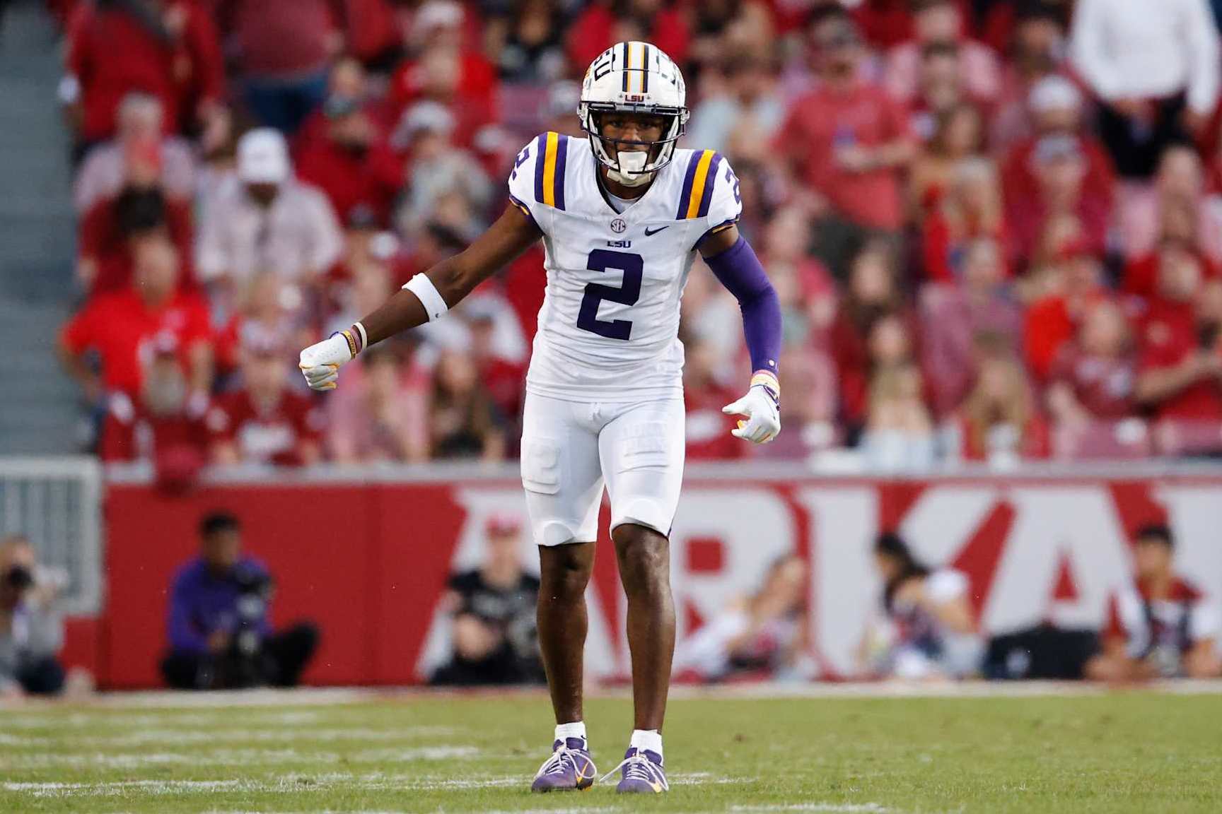 FAYETTEVILLE, AR - OCTOBER 19:  LSU Tigers wide receiver Kyren Lacy (2) during the college football game between the LSU Tigers and Arkansas Razorbacks on October 19, 2024, at Donald W. Reynolds Razorback Stadium in Fayetteville, Arkansas. (Photo by Andy Altenburger/Icon Sportswire via Getty Images)