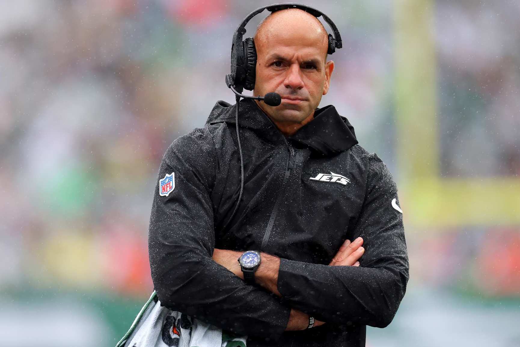 EAST RUTHERFORD, NEW JERSEY - SEPTEMBER 29: Head coach Robert Saleh of the New York Jets looks on against the Denver Broncos during the first half at MetLife Stadium on September 29, 2024 in East Rutherford, New Jersey. (Photo by Mike Stobe/Getty Images)
