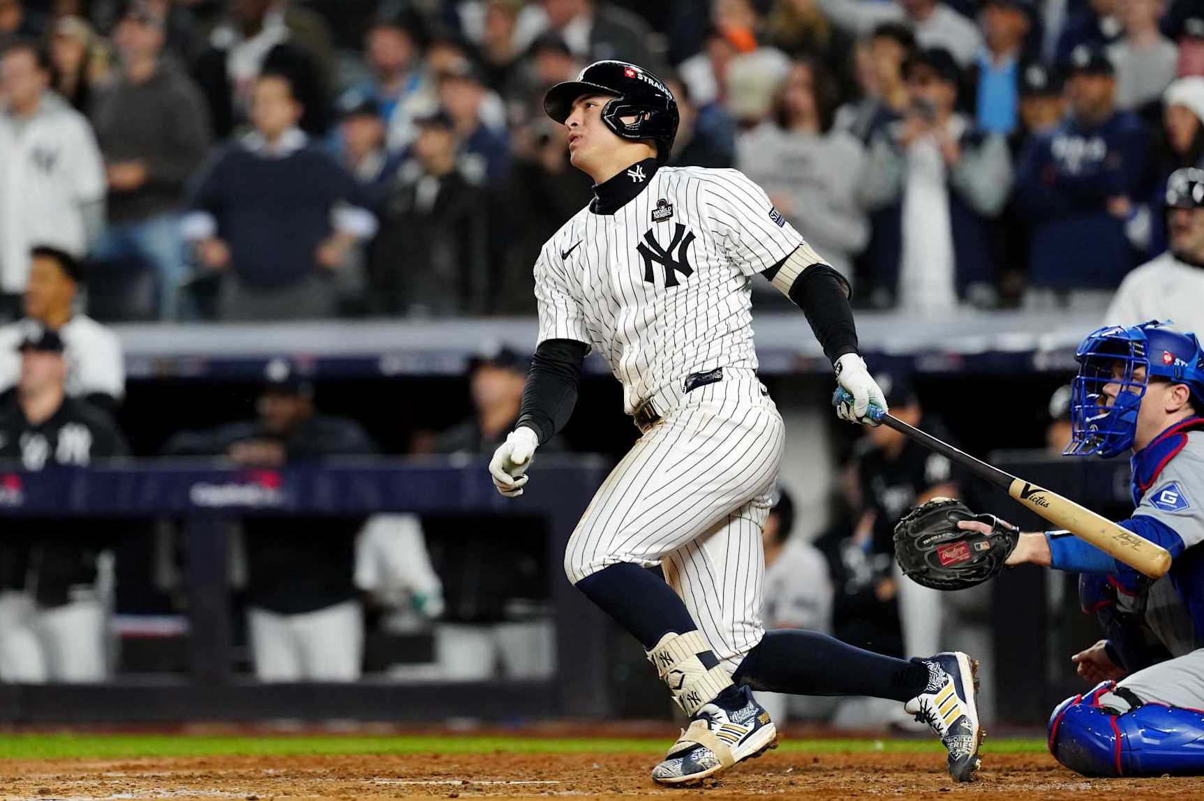 NEW YORK, NY - OCTOBER 29: Anthony Volpe #11 of the New York Yankees hits a grand slam in the third inning during Game 4 of the 2024 World Series presented by Capital One between the Los Angeles Dodgers and the New York Yankees at Yankee Stadium on Tuesday, October 29, 2024 in New York, New York. (Photo by Daniel Shirey/MLB Photos via Getty Images)