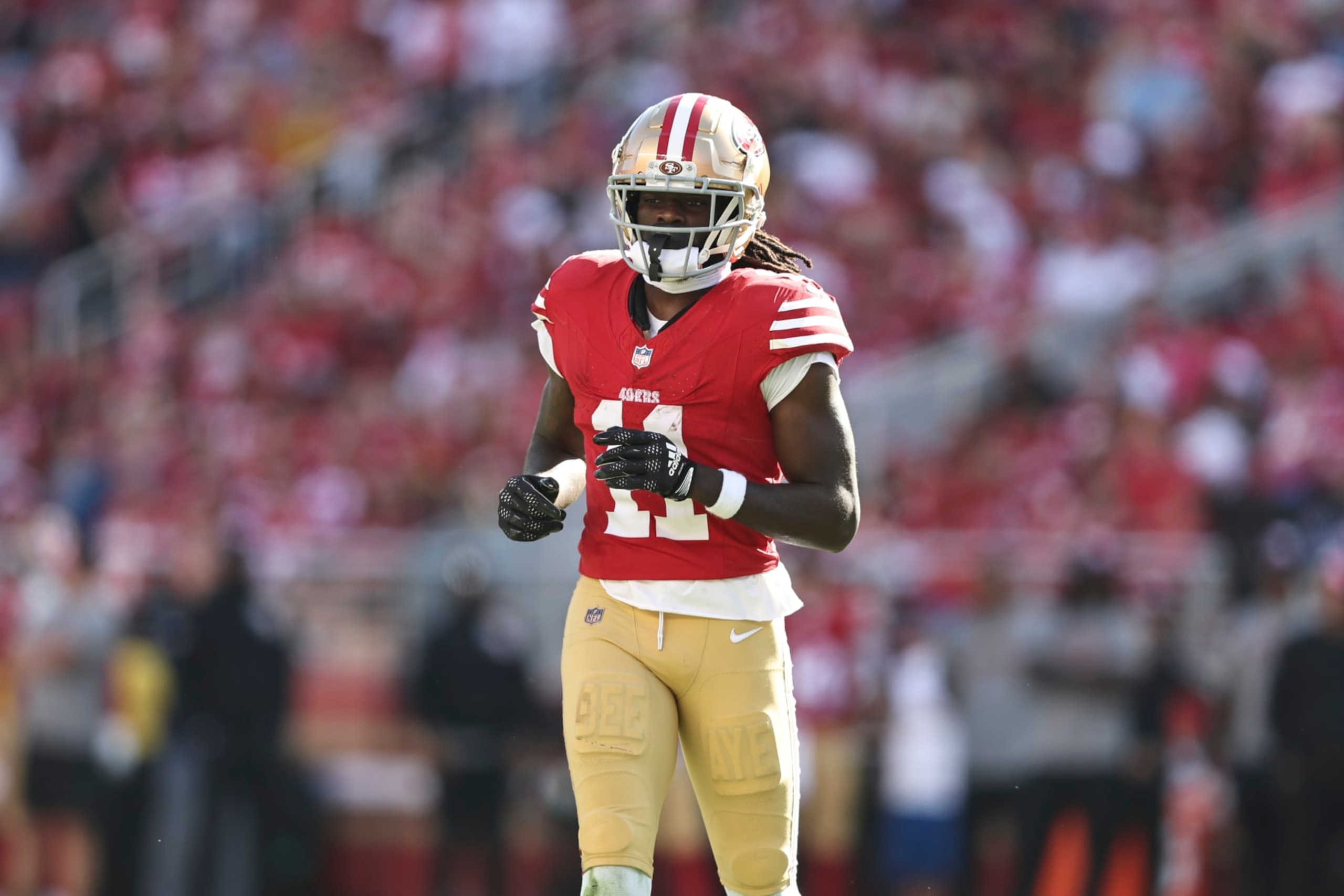 SANTA CLARA, CALIFORNIA - OCTOBER 01: Brandon Aiyuk #11 of the San Francisco 49ers runs during an NFL football game between the San Francisco 49ers and the Arizona Cardinals at Levi's Stadium on October 01, 2023 in Santa Clara, California. (Photo by Michael Owens/Getty Images)