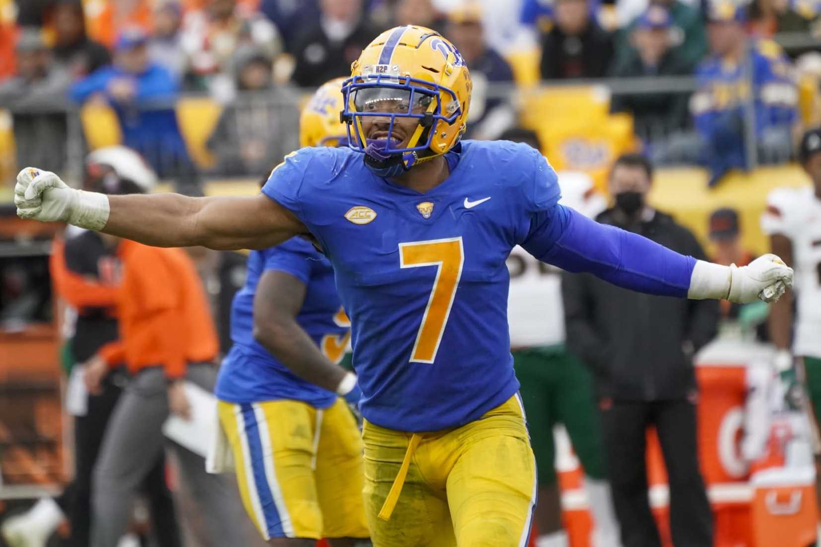 Pittsburgh linebacker SirVocea Dennis (7) plays against Miami during an NCAA college football game, Saturday, Oct. 30, 2021, in Pittsburgh. (AP Photo/Keith Srakocic)