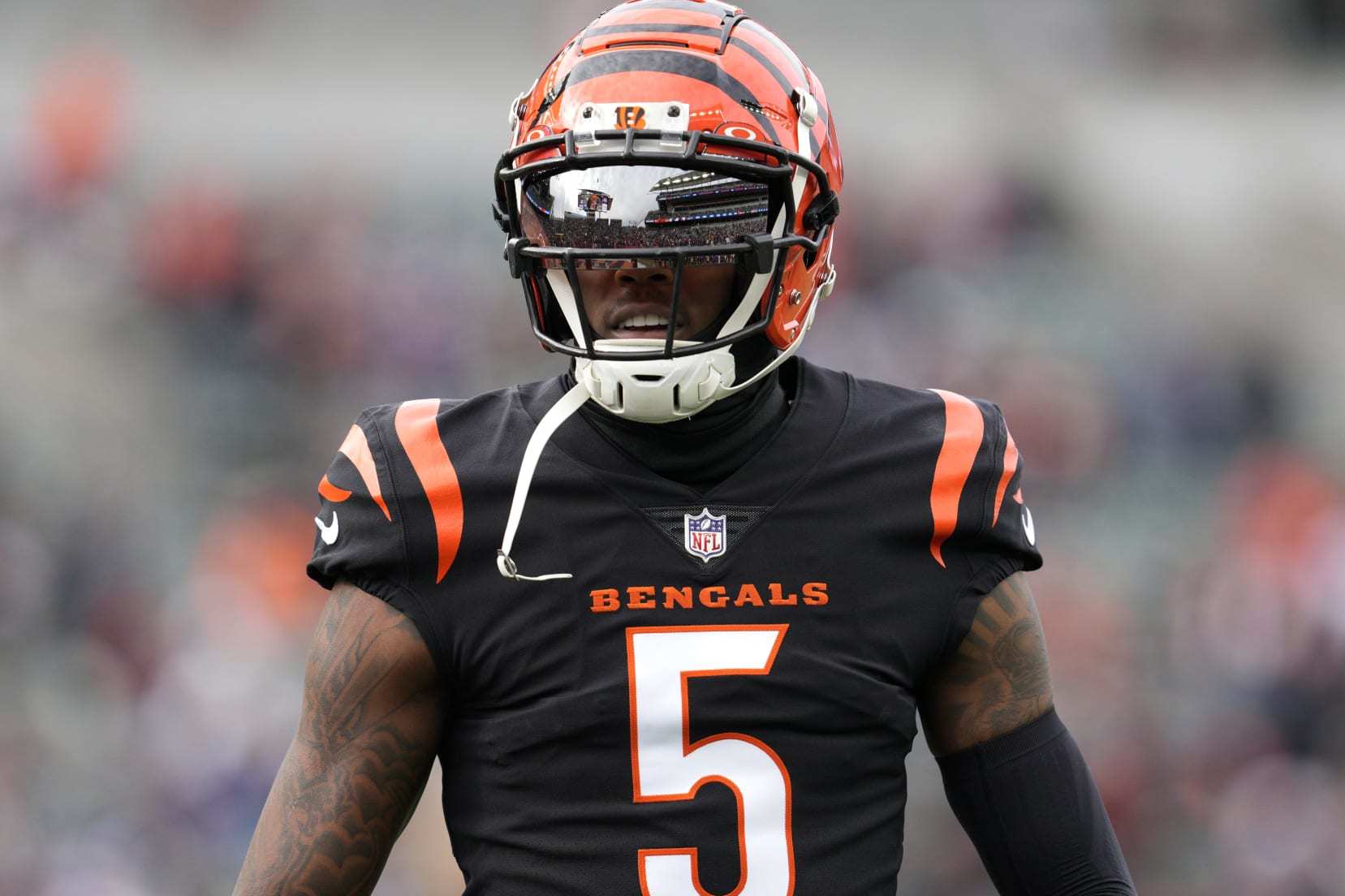 CINCINNATI, OHIO - DECEMBER 16: Tee Higgins #5 of the Cincinnati Bengals warms up before the game against the Minnesota Vikings at Paycor Stadium on December 16, 2023 in Cincinnati, Ohio. (Photo by Jeff Dean/Getty Images)