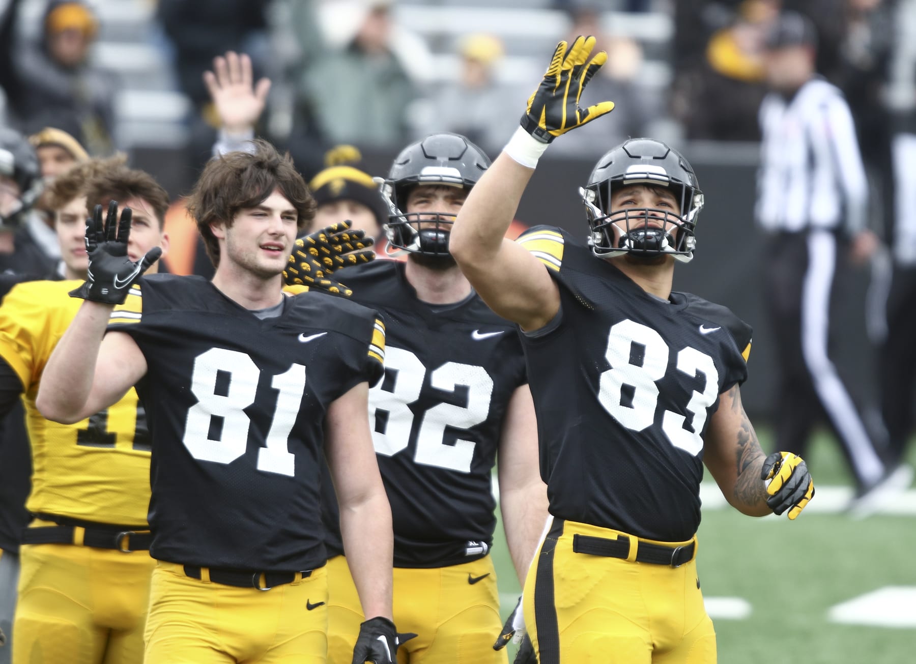 IOWA CITY, IOWA- APRIL 22: Tight discontinue Erick All #83 of the Iowa Hawkeyes waves to patients at the Iowa Stead Household Children's Clinical institution in the course of a atomize in the motion through the Iowa Spring Starting up Apply towards defensive lineman at Kinnick Stadium on April 22, 2023 in Iowa City, Iowa. (Photo by Matthew Holst/Getty Pictures)