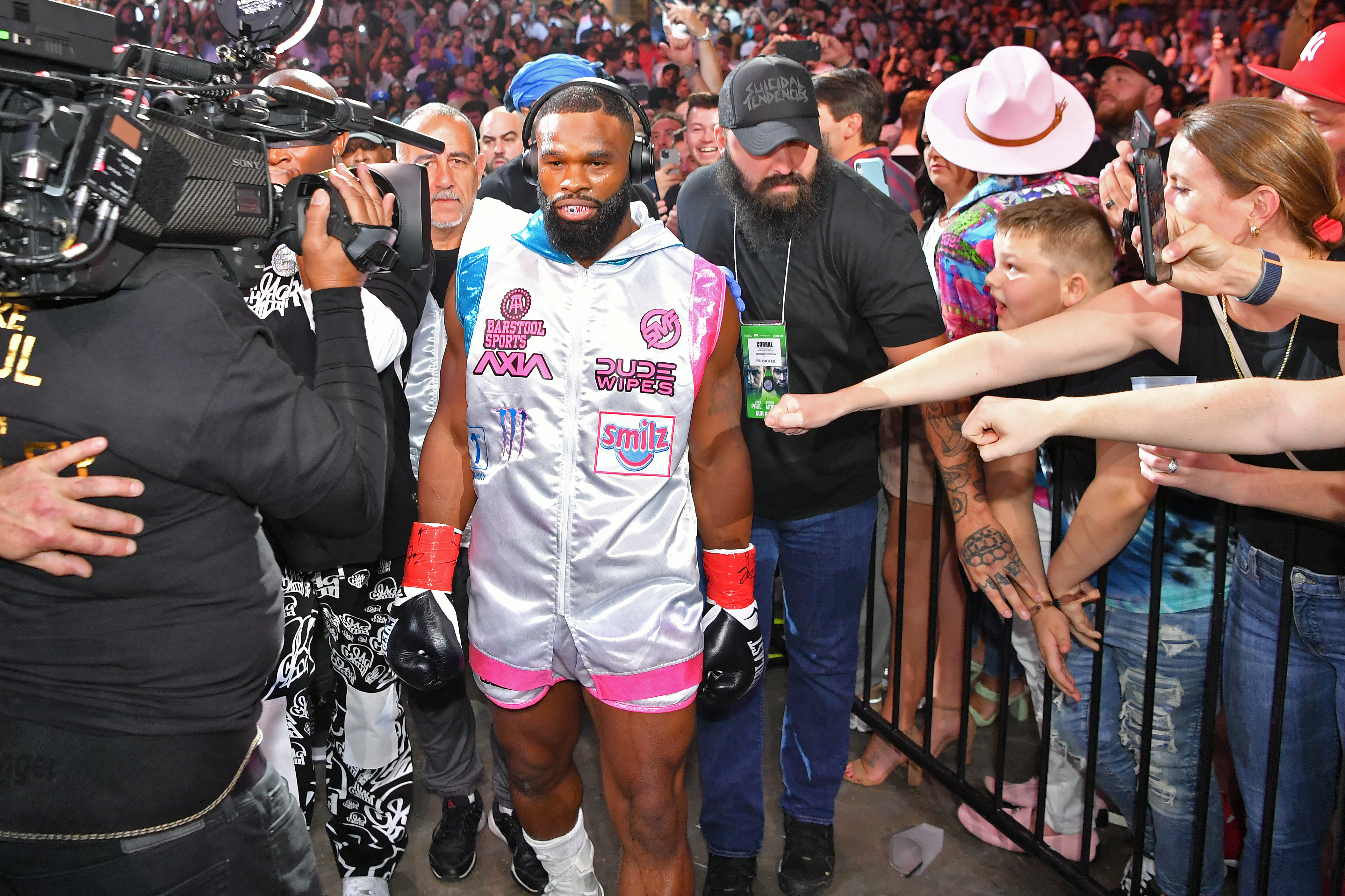 CLEVELAND, OHIO - AUGUST 29: Tyron Woodley enters the arena prior to his cruiserweight bout against Jake Paul during a Showtime pay-per-view event at Rocket Morgage Fieldhouse on August 29, 2021 in Cleveland, Ohio. (Photo by Jason Miller/Getty Images)