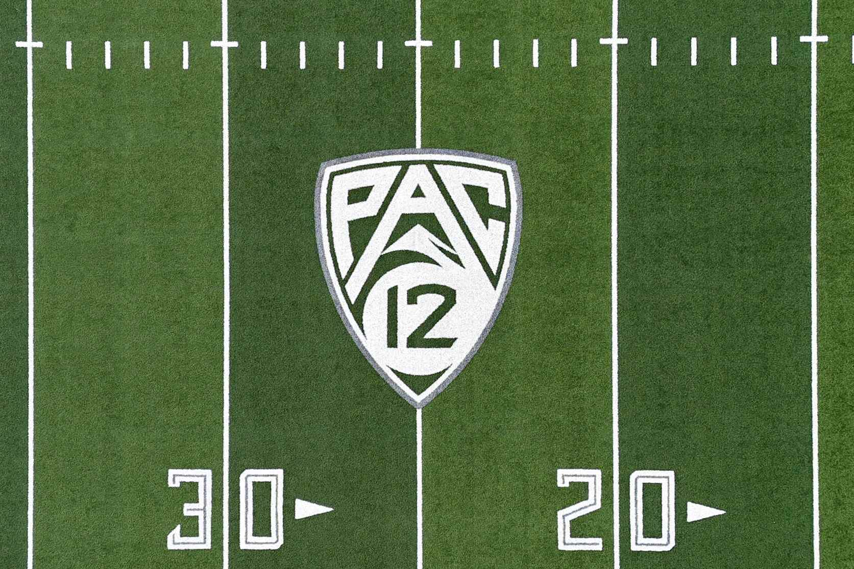 EUGENE, OREGON - MAY 23: The Pac-12 Conference logo on the Autzen Stadium football field on the campus of the University of Oregon on May 23, 2024 in Eugene, Oregon (Photo by Kirby Lee/Getty Images)