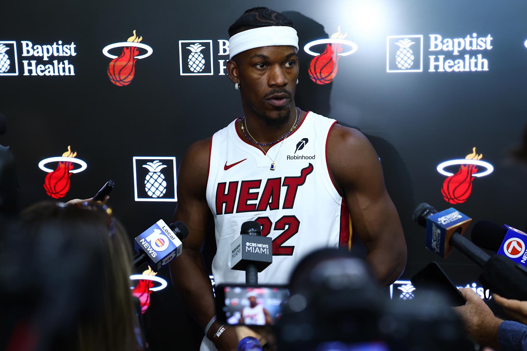 MIAMI, FLORIDA - SEPTEMBER 30: Jimmy Butler #22 of the Miami Heat speaks to the media during media day at Kaseya Center on September 30, 2024 in Miami, Florida. NOTE TO USER: User expressly acknowledges and agrees that, by downloading and/or using this Photograph, user is consenting to the terms and conditions of the Getty Images License Agreement. (Photo by Megan Briggs/Getty Images)