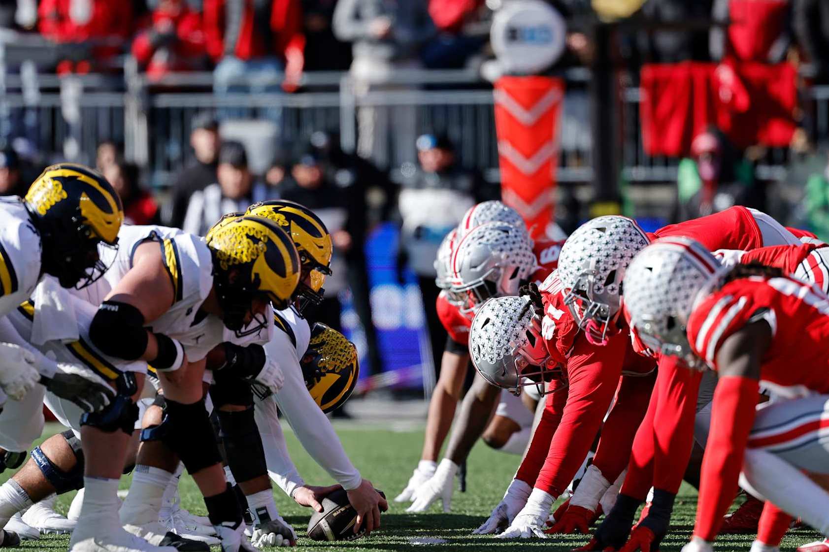 COLUMBUS, OH - NOVEMBER 30: Michigan Wolverines and Ohio State Buckeyes face off at the line of scrimmage during a college football game on November 30, 2024 at Ohio Stadium in Columbus, Ohio. (Photo by Joe Robbins/Icon Sportswire via Getty Images)