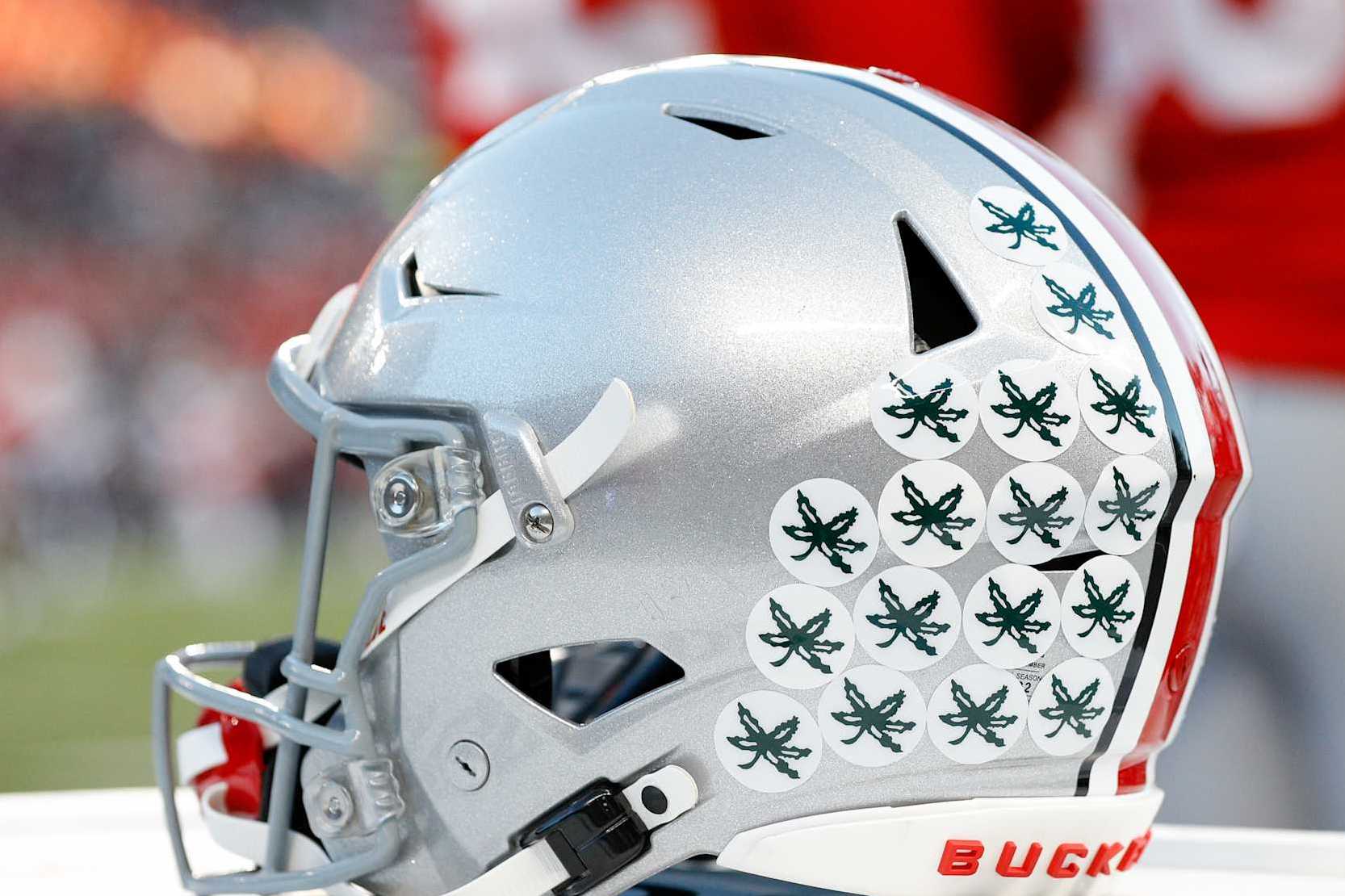 COLUMBUS, OH - NOVEMBER 18: A Ohio State Buckeyes helmet sits on the sideline during the game against the Minnesota Gophers and the Ohio State Buckeyes on November 18, 2023, at Ohio Stadium in Columbus, OH. (Photo by Ian Johnson/Icon Sportswire via Getty Images)