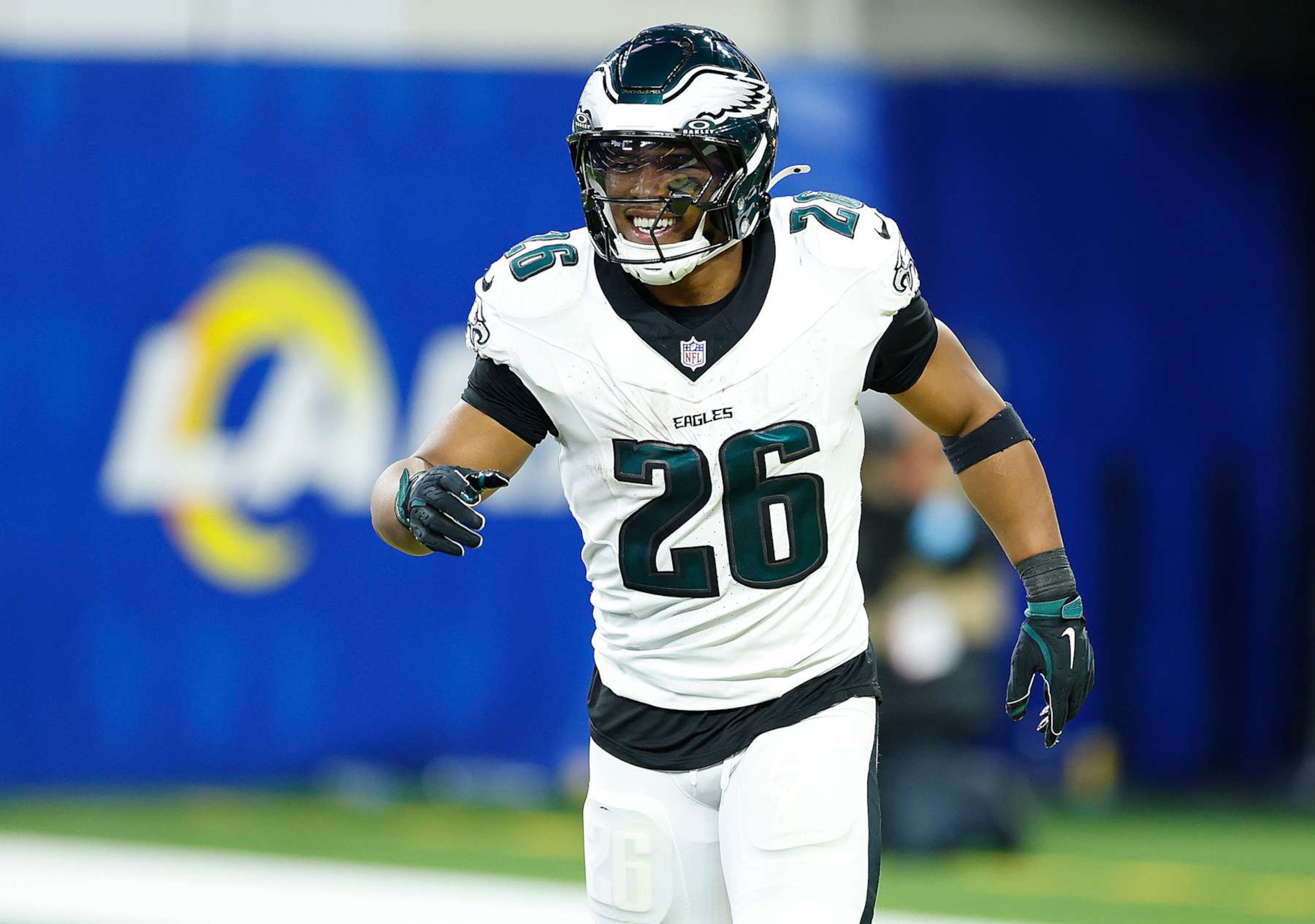 INGLEWOOD, CALIFORNIA - NOVEMBER 24:  Saquon Barkley #26 of the Philadelphia Eagles at SoFi Stadium on November 24, 2024 in Inglewood, California. (Photo by Ronald Martinez/Getty Images)