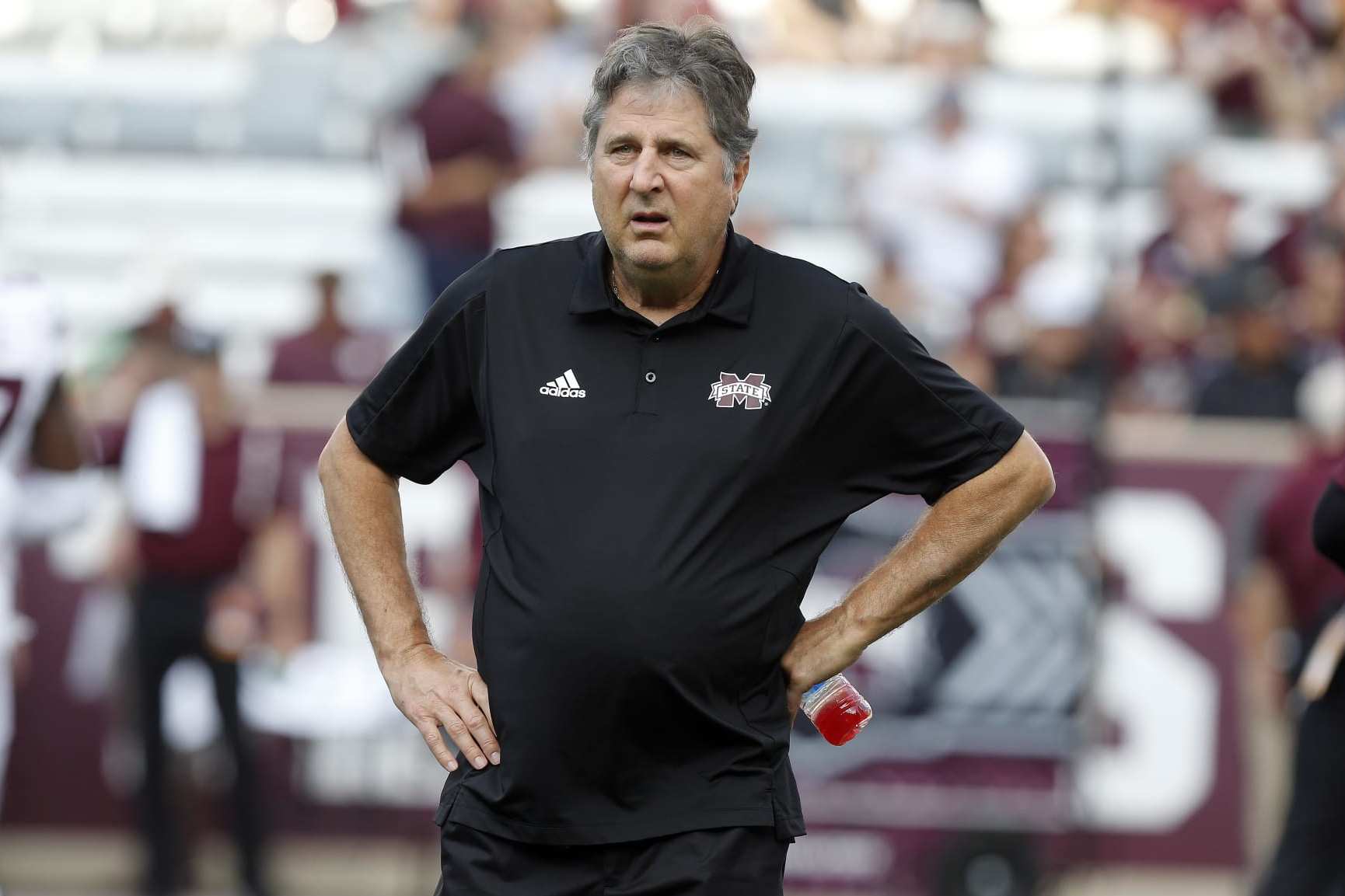 COLLEGE STATION, TX - OCTOBER 02: Mississippi State Bulldogs head coach Mike Leach looks on prior to the game against the Texas A & M Aggies on October 02, 2021, at Kyle Field in College Station, TX. (Photo by Adam Davis/Icon Sportswire via Getty Images)