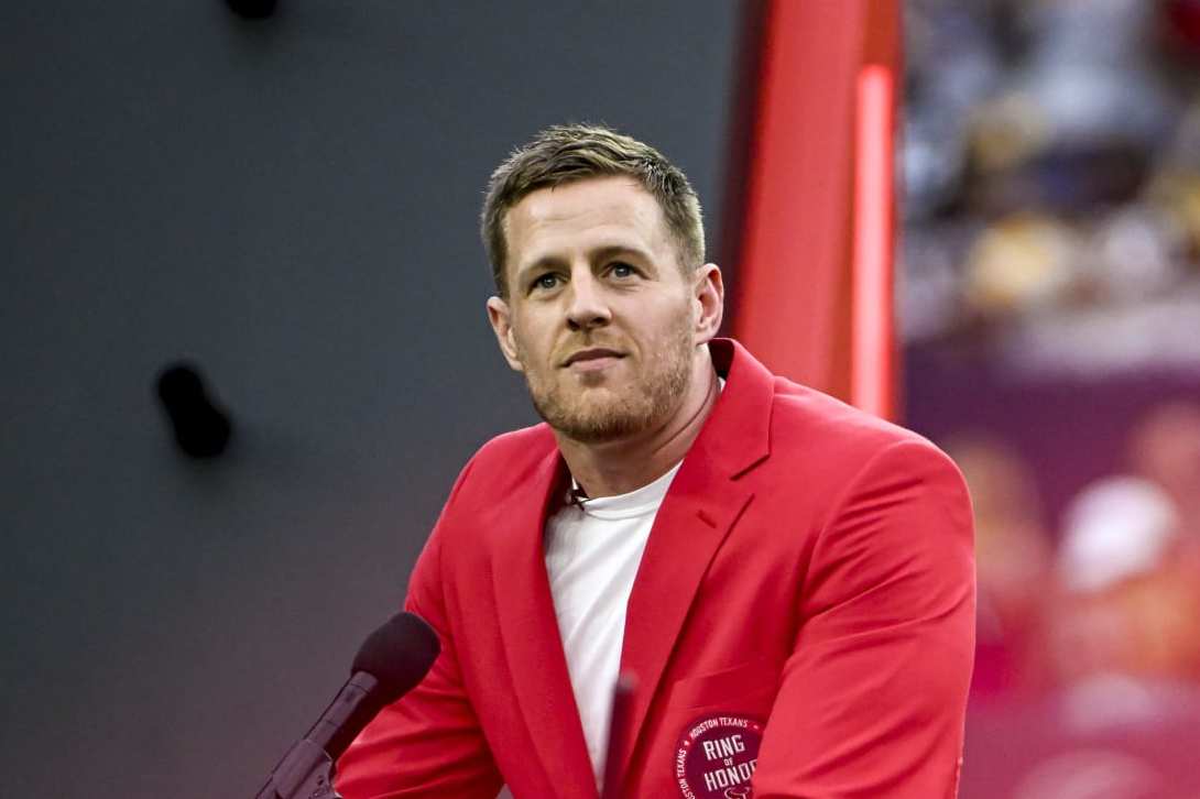 HOUSTON, TEXAS - OCTOBER 01: Former Houston Texans player J.J. Watt speaks during a ceremony inducting him into the Texans Ring of Honor during a game against the Pittsburgh Steelers at NRG Stadium on October 01, 2023 in Houston, Texas. (Photo by Logan Riely/Getty Images)