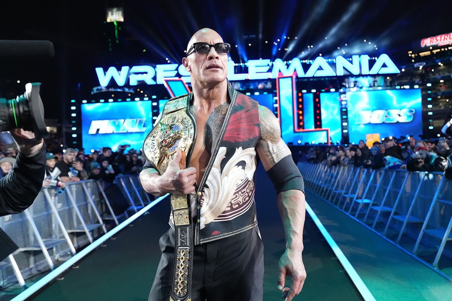 PHILADELPHIA, PENNSYLVANIA - APRIL 6: The Rock makes his entrance to WrestleMania 40 at Lincoln Financial Field on April 6, 2024 in Philadelphia, Pennsylvania. (Photo by WWE/Getty Images)