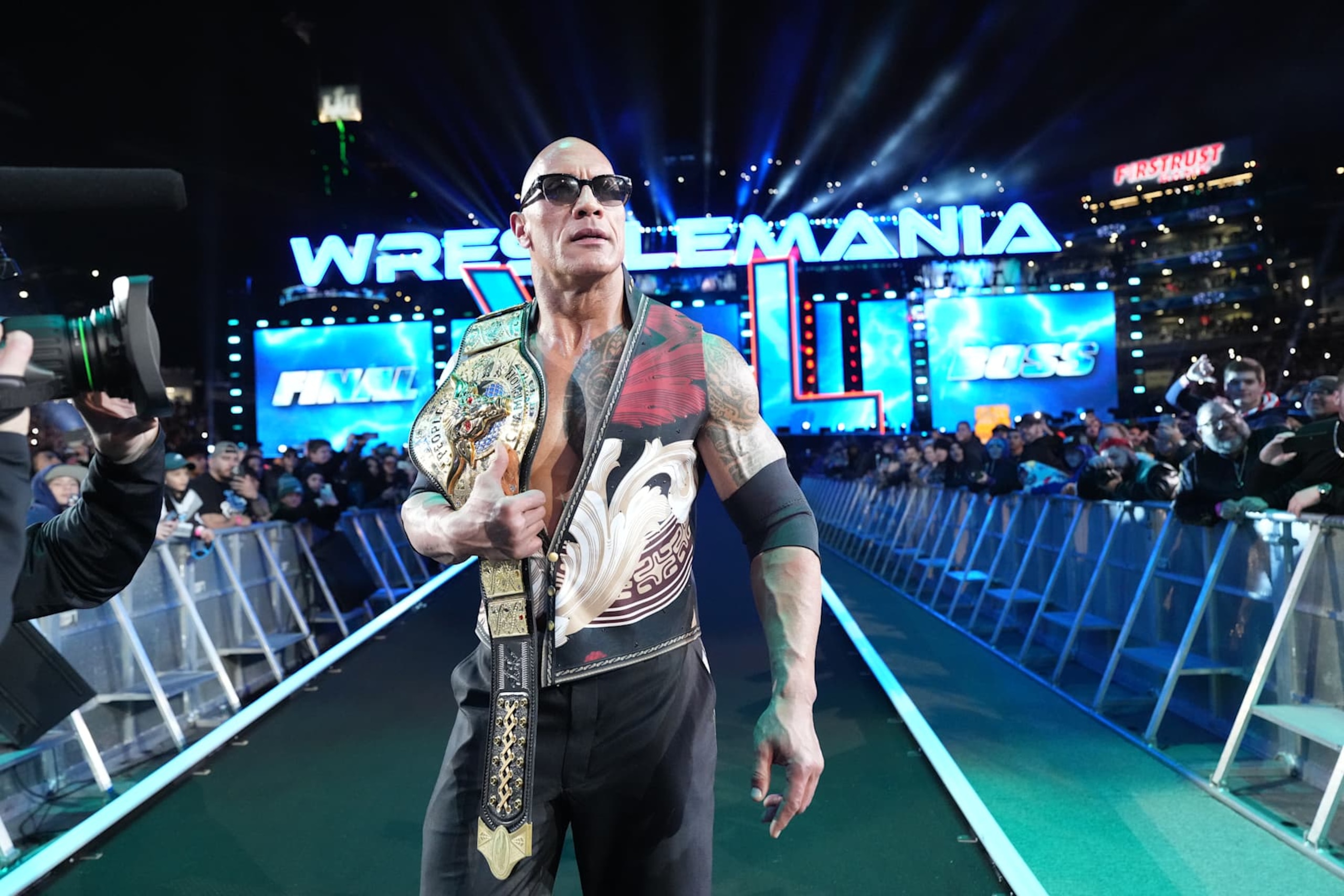 PHILADELPHIA, PENNSYLVANIA - APRIL 6: The Rock makes his entrance to WrestleMania 40 at Lincoln Financial Field on April 6, 2024 in Philadelphia, Pennsylvania. (Photo by WWE/Getty Images)