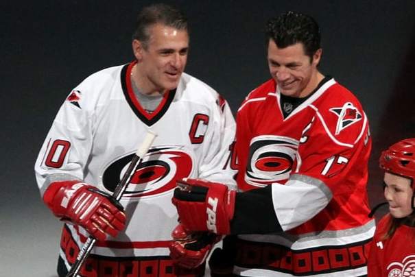 RALEIGH, NC - JANUARY 30: (L-R) Former NHL players Ron Francis and Rod Brind'Amour are seen on the ice with junior players during pregame festivities prior to the start of the 58th NHL All-Star Game at the RBC Center on January 30, 2011 in Raleigh, North Carolina. (Photo by Gregg Forwerck/NHLI via Getty Images)