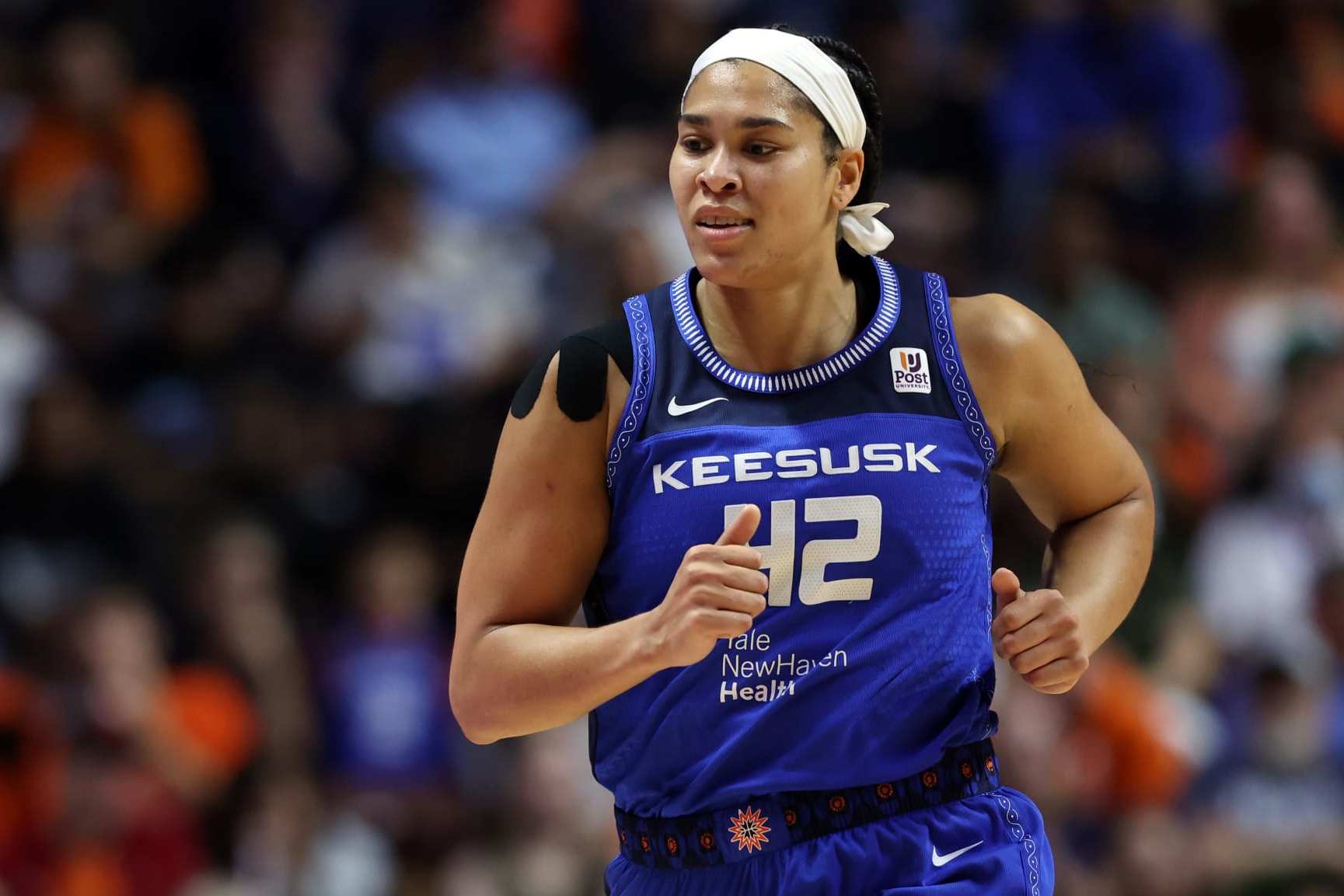 UNCASVILLE, CONNECTICUT - SEPTEMBER 15: Brionna Jones #42 of the Connecticut Sun looks on during Game Three of the 2022 WNBA Finals at Mohegan Sun Arena on September 15, 2022 in Uncasville, Connecticut. Thomas recorded the first triple-double in WNBA NOTE TO USER: User expressly acknowledges and agrees that, by downloading and/or using this Photograph, user is consenting to the terms and conditions of the Getty Images License Agreement. Mandatory Copyright Notice: Copyright 2022 NBAE (Photo by Maddie Meyer/Getty Images)
