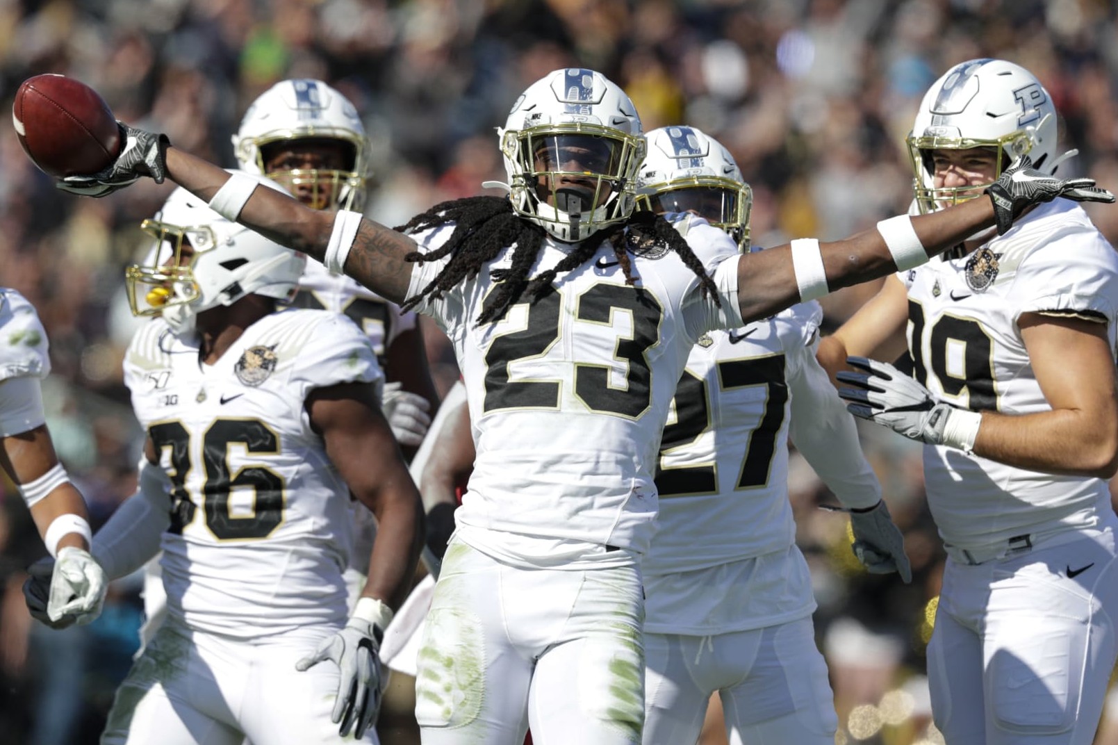 Purdue safety Cory Trice (23) celebrates an interception against Maryland during the second half of an NCAA college football game in West Lafayette, Ind., Saturday, Oct. 12, 2019. Purdue defeated Maryland 40-14. (AP Photo/Michael Conroy)