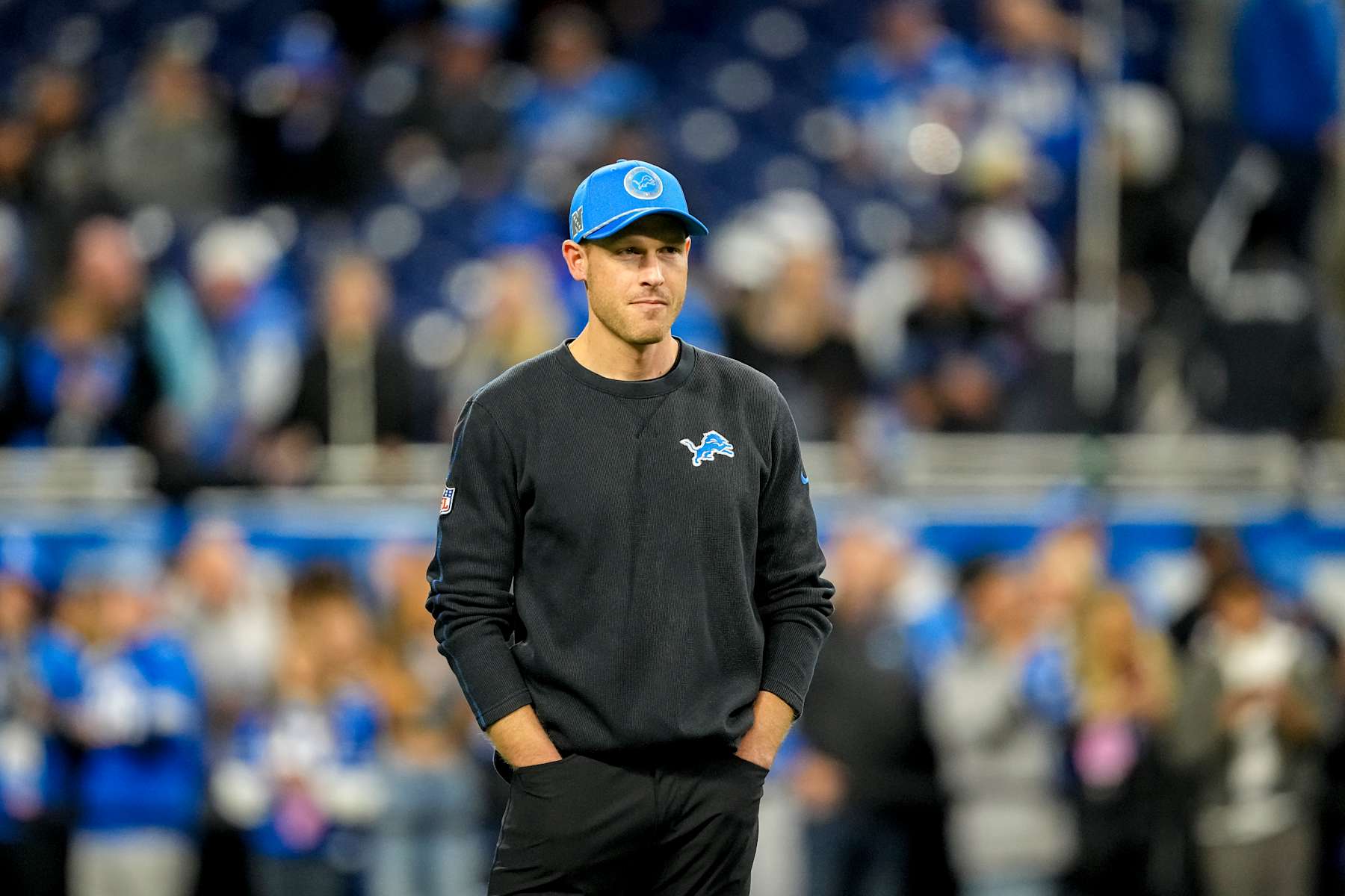 DETROIT, MICHIGAN - DECEMBER 05: Offensive coordinator Ben Johnson of the Detroit Lions looks on before the game against the Green Bay Packers at Ford Field on December 05, 2024 in Detroit, Michigan. (Photo by Nic Antaya/Getty Images)