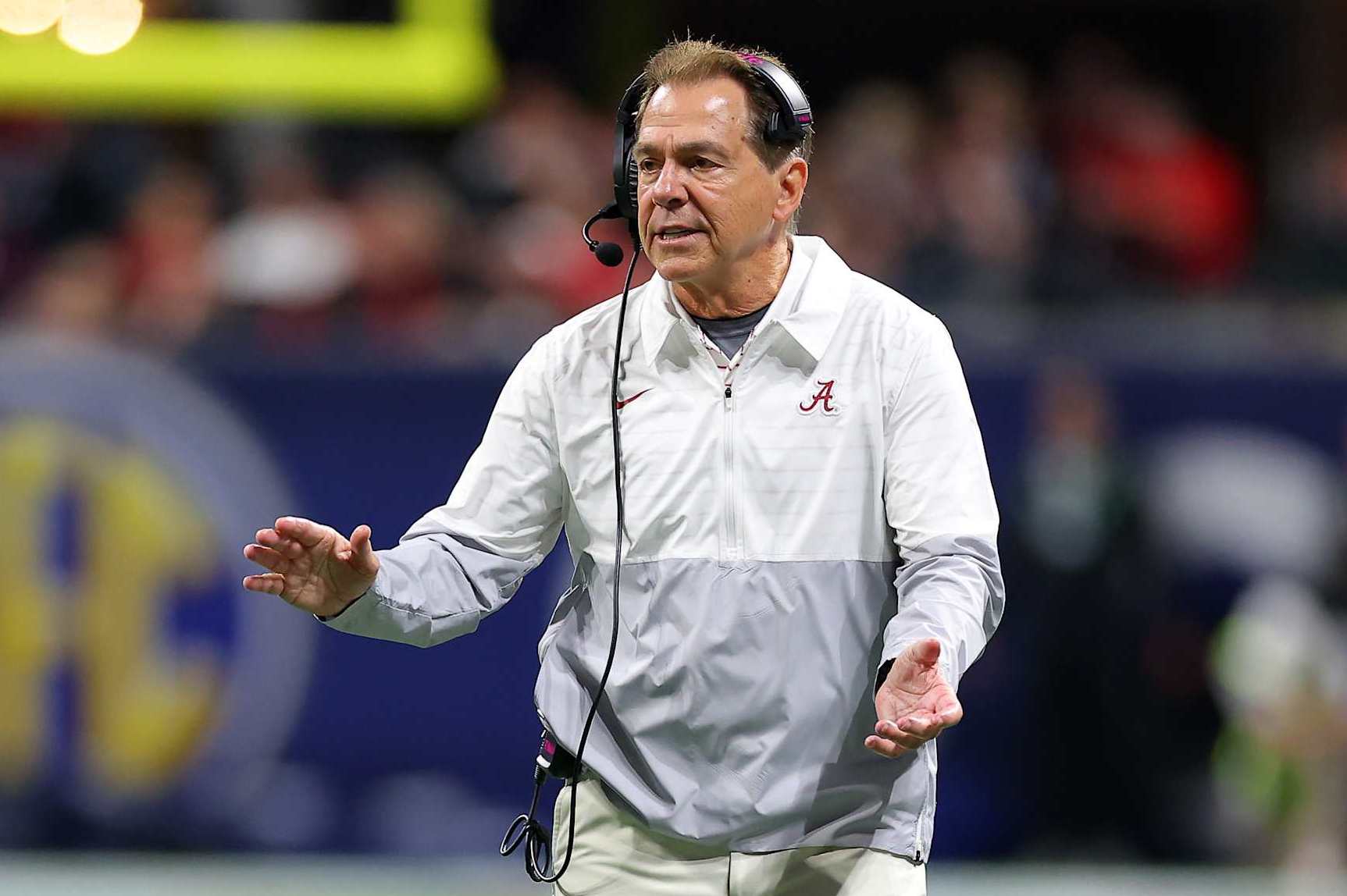 ATLANTA, GEORGIA - DECEMBER 02: Head coach Nick Saban of the Alabama Crimson Tide reacts to a play during the third quarter against the Georgia Bulldogs in the SEC Championship at Mercedes-Benz Stadium on December 02, 2023 in Atlanta, Georgia. (Photo by Kevin C. Cox/Getty Images)