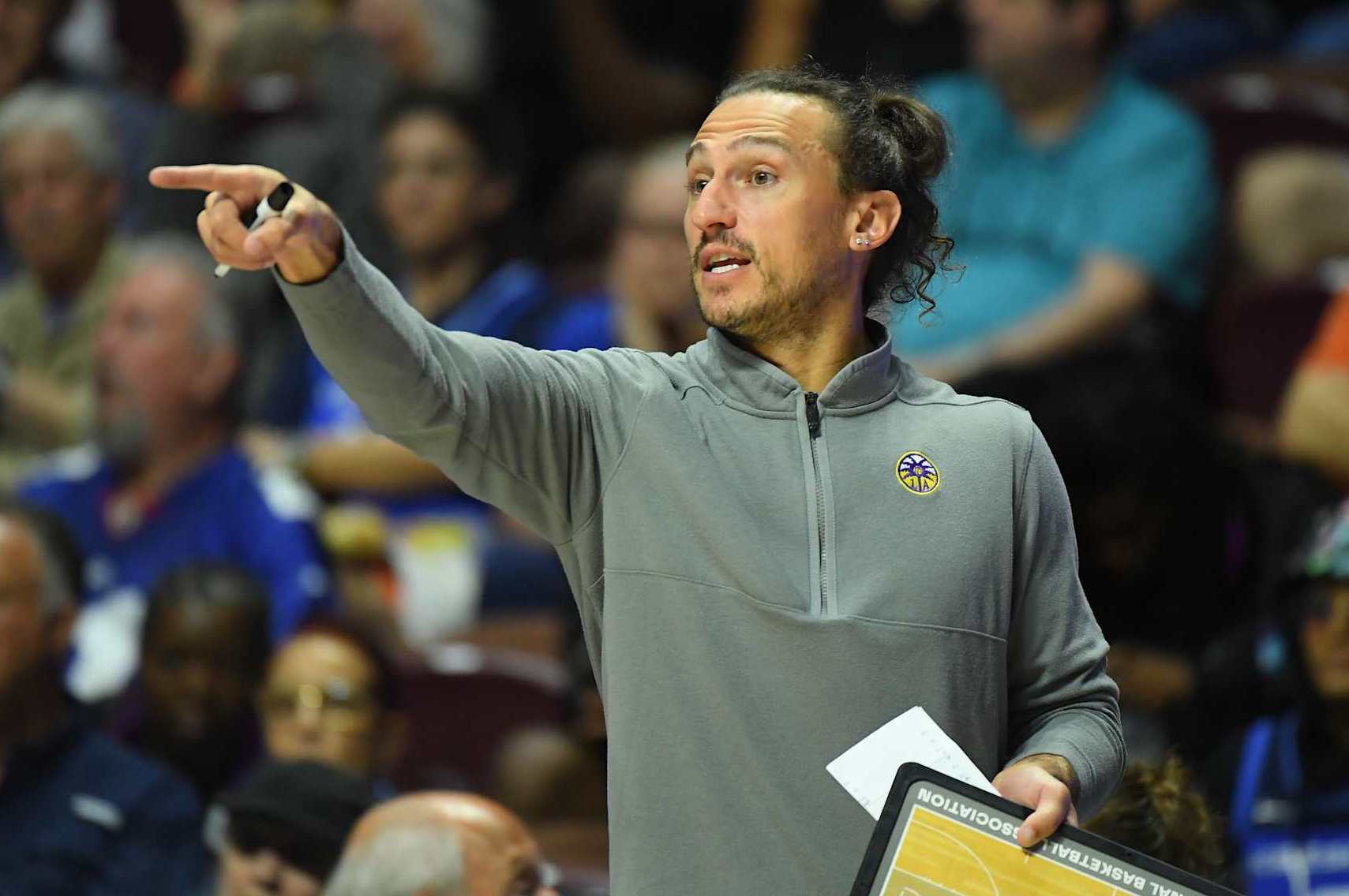 UNCASVILLE, CT - SEPTEMBER 05: Los Angeles Sparks assistant coach Chris Koclanes reacts during a WNBA game between the Los Angeles Sparks and the Connecticut Sun on September 5, 2023, at Mohegan Sun Arena in Uncasville, CT.  (Photo by Erica Denhoff/Icon Sportswire via Getty Images)