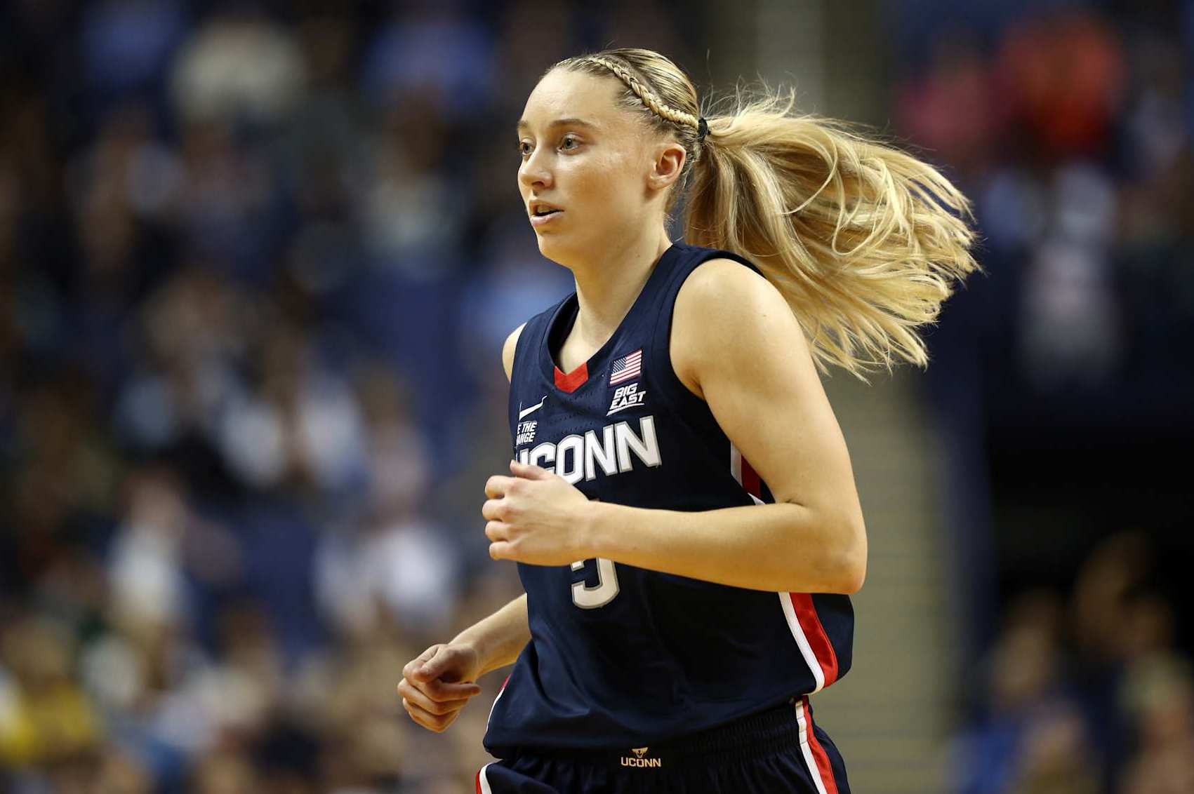 GREENSBORO, NORTH CAROLINA - NOVEMBER 15: Paige Bueckers #5 of the UConn Huskies runs the court during the first half of the game against the North Carolina Tar Heelsat First Horizon Coliseum on November 15, 2024 in Greensboro, North Carolina. (Photo by Jared C. Tilton/Getty Images)