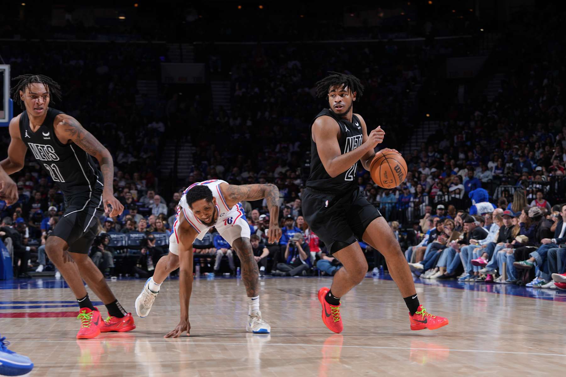 PHILADELPHIA, PA - APRIL 14: Cam Thomas #24 of the Brooklyn Nets dribbles the ball during the game against the Philadelphia 76ers on April 14, 2024 at the Wells Fargo Center in Philadelphia, Pennsylvania NOTE TO USER: User expressly acknowledges and agrees that, by downloading and/or using this Photograph, user is consenting to the terms and conditions of the Getty Images License Agreement. Mandatory Copyright Notice: Copyright 2024 NBAE (Photo by Jesse D. Garrabrant/NBAE via Getty Images)
